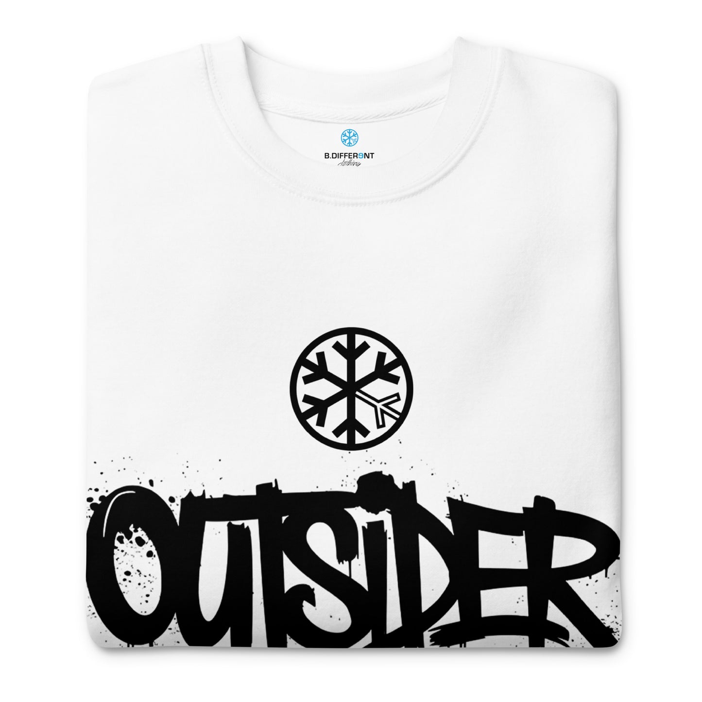 White-Outsider Graffiti Tag Sweatshirt from B.Different Clothing, folded, graffiti-inspired streetwear