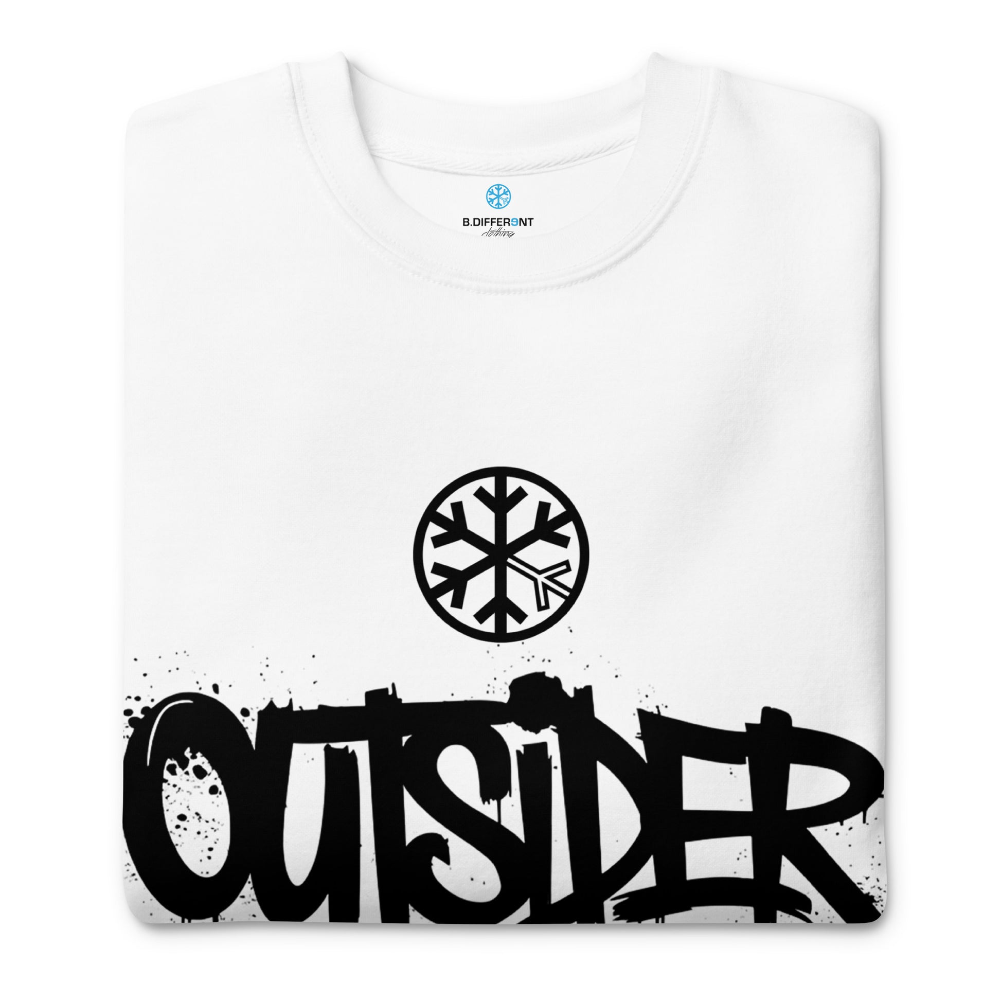 White-Outsider Graffiti Tag Sweatshirt from B.Different Clothing, folded, graffiti-inspired streetwear