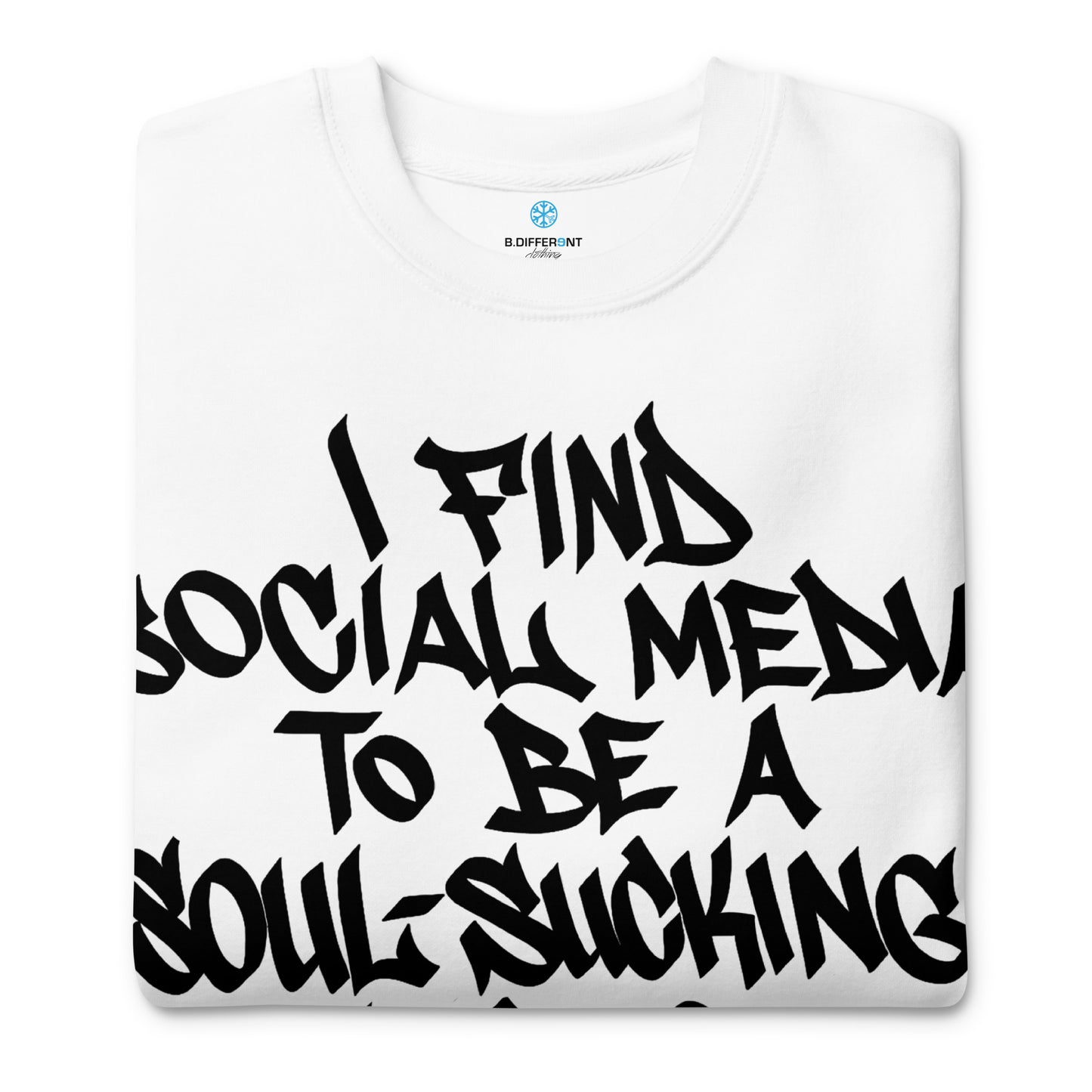 White-Social Media Graffiti Tag Sweatshirt from B.Different Clothing, folded, graffiti-inspired streetwear