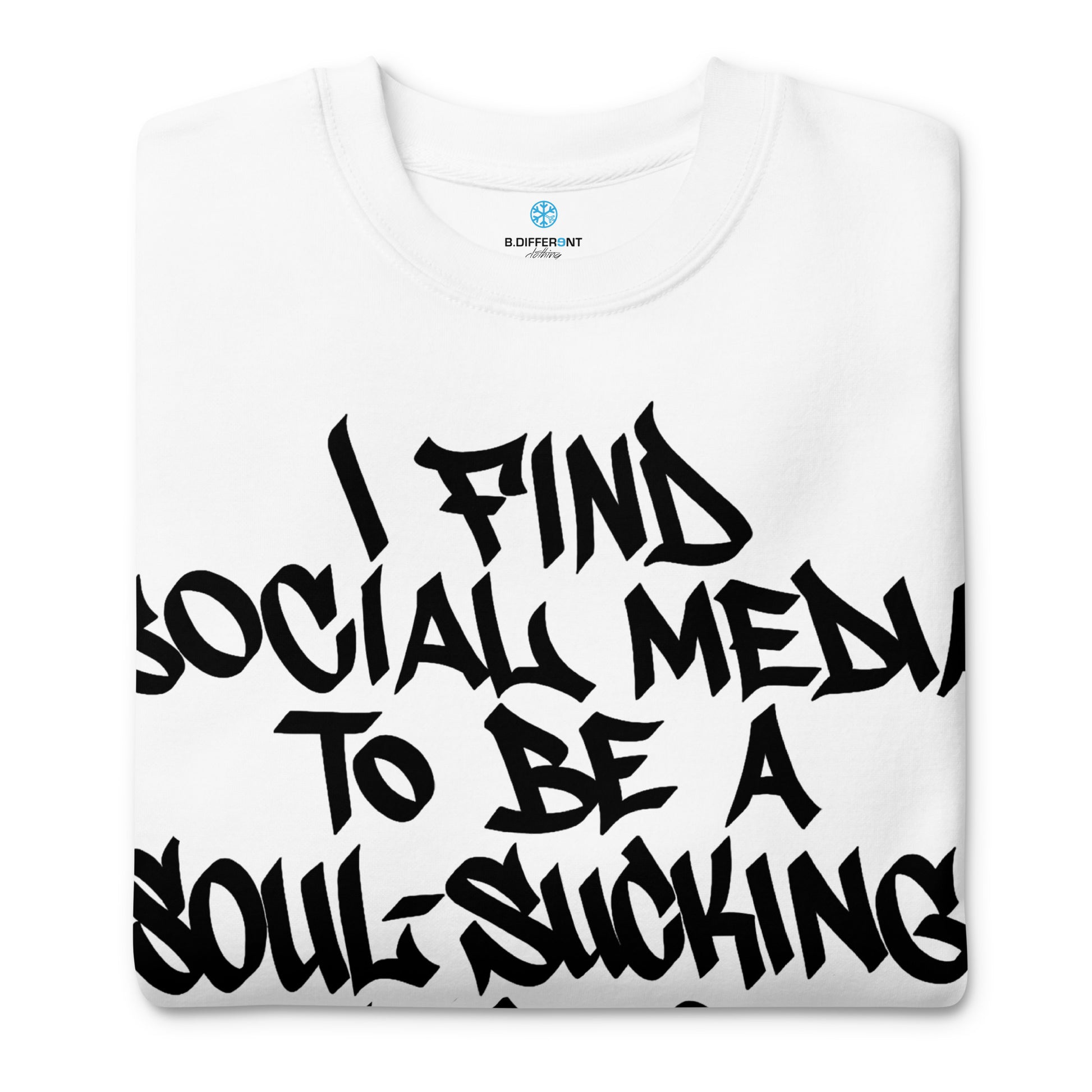 White-Social Media Graffiti Tag Sweatshirt from B.Different Clothing, folded, graffiti-inspired streetwear