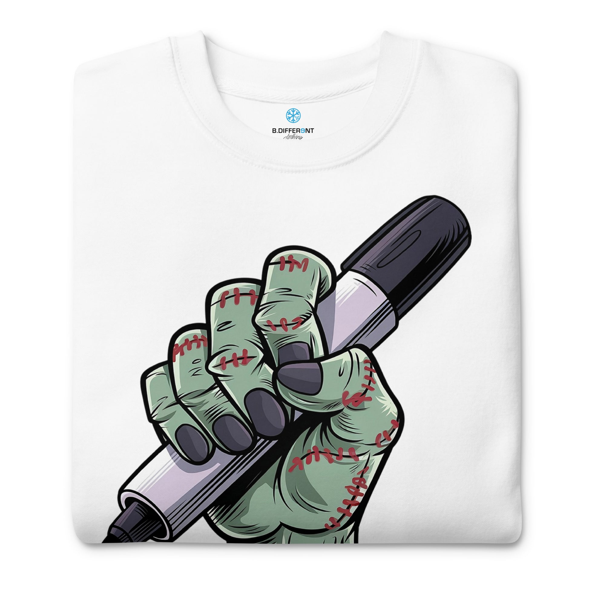 White-Thing Graffiti Sweatshirt from B.Different Clothing, folded, graffiti-inspired streetwear