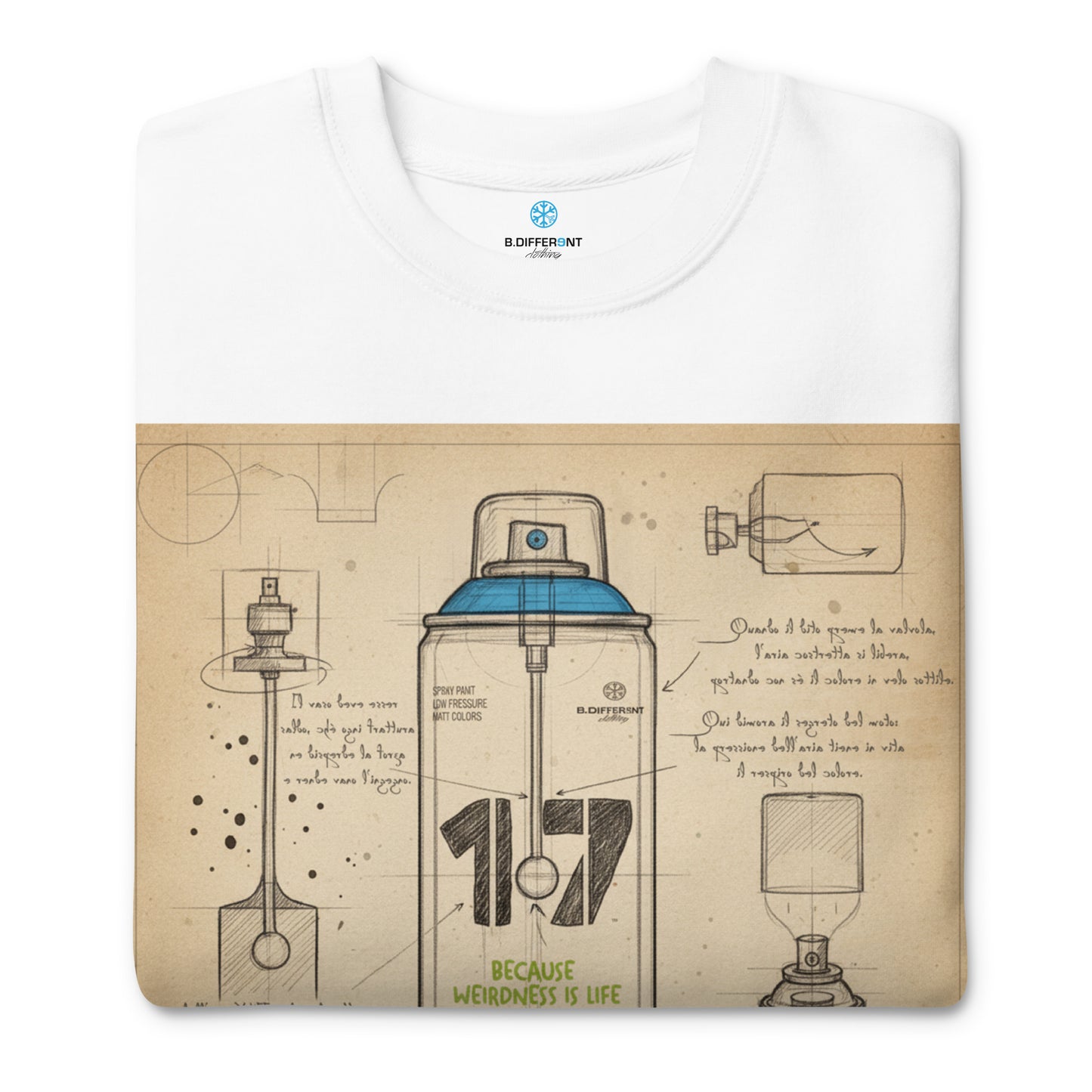 White-Spray Can Sketch Graffiti Sweatshirt from B.Different Clothing, folded, graffiti-inspired streetwear