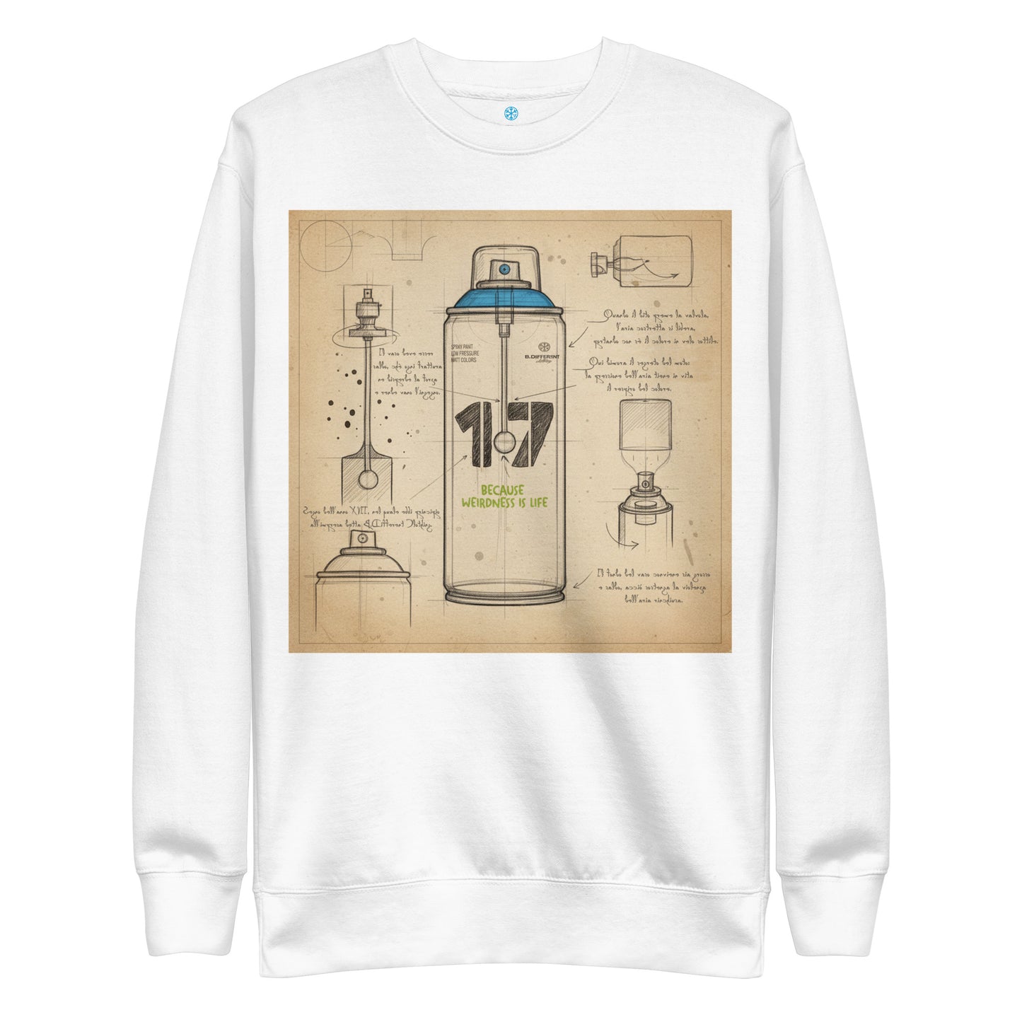White-Spray Can Sketch Graffiti Sweatshirt from B.Different Clothing, front view, graffiti-inspired streetwear