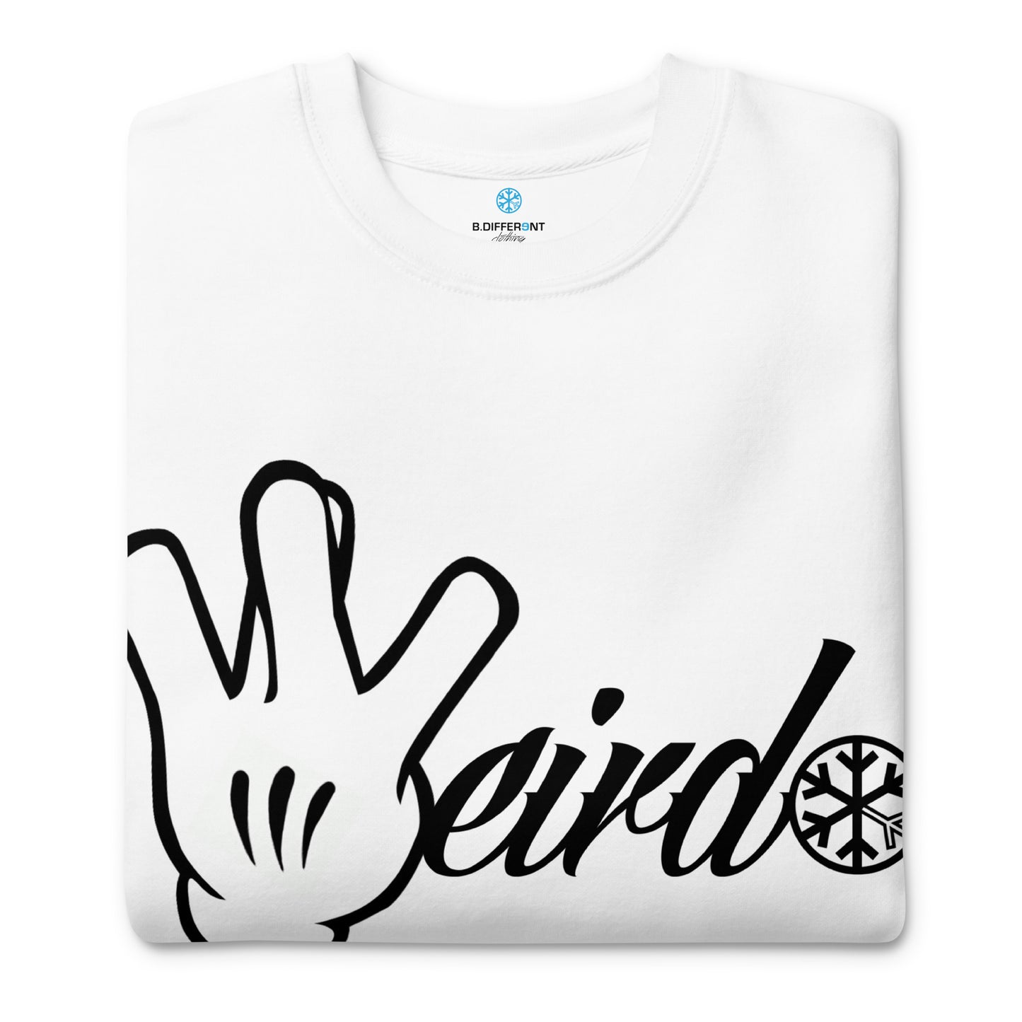 White-Weirdo Hand Sign Sweatshirt from B.Different Clothing, folded, graffiti-inspired streetwear