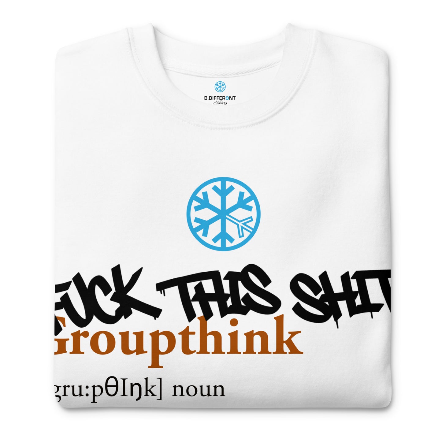 White-Groupthink Graffiti Sweatshirt from B.Different Clothing, folded, graffiti-inspired streetwear