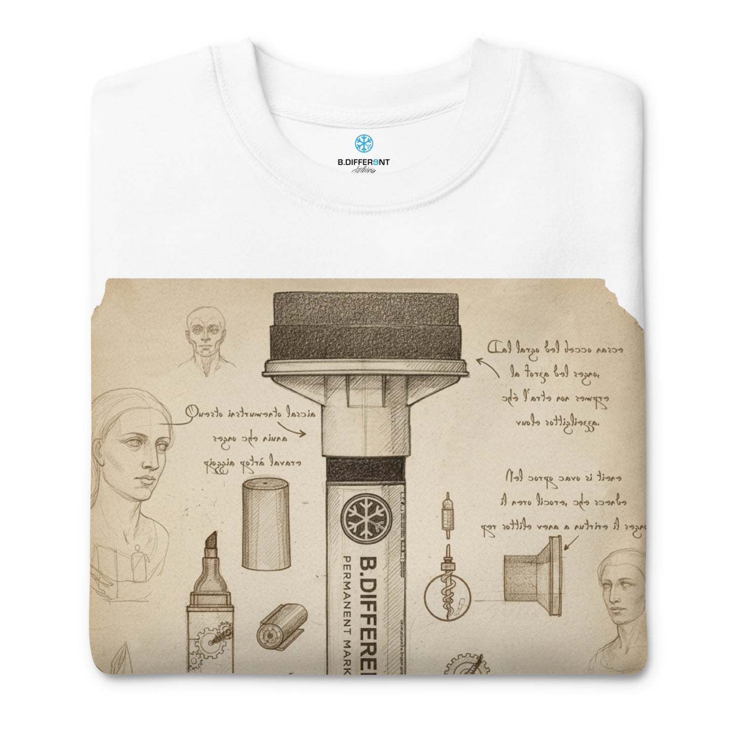 White-Marker Sketch Graffiti Sweatshirt from B.Different Clothing, folded, graffiti-inspired streetwear