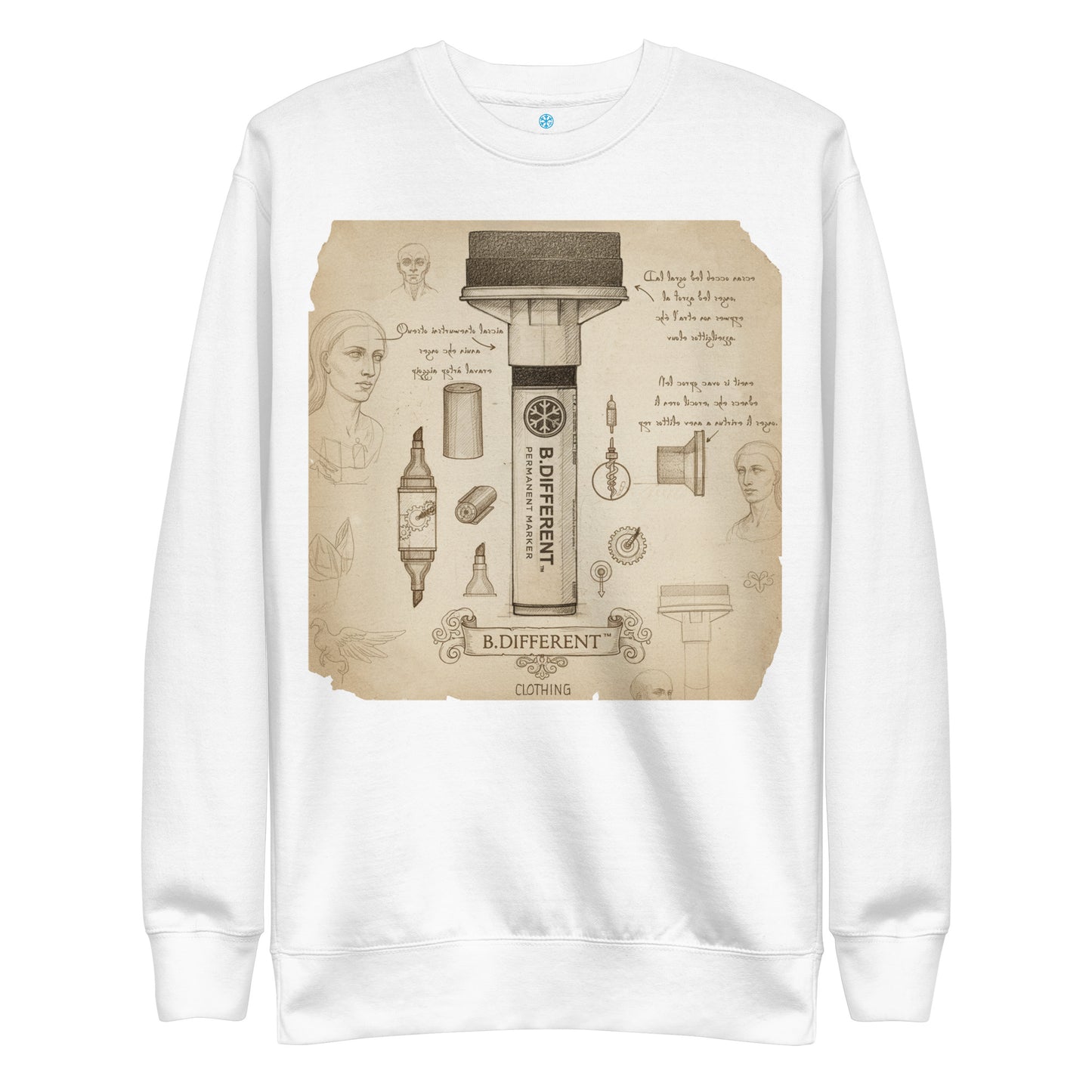 White-Marker Sketch Graffiti Sweatshirt from B.Different Clothing, front view, graffiti-inspired streetwear