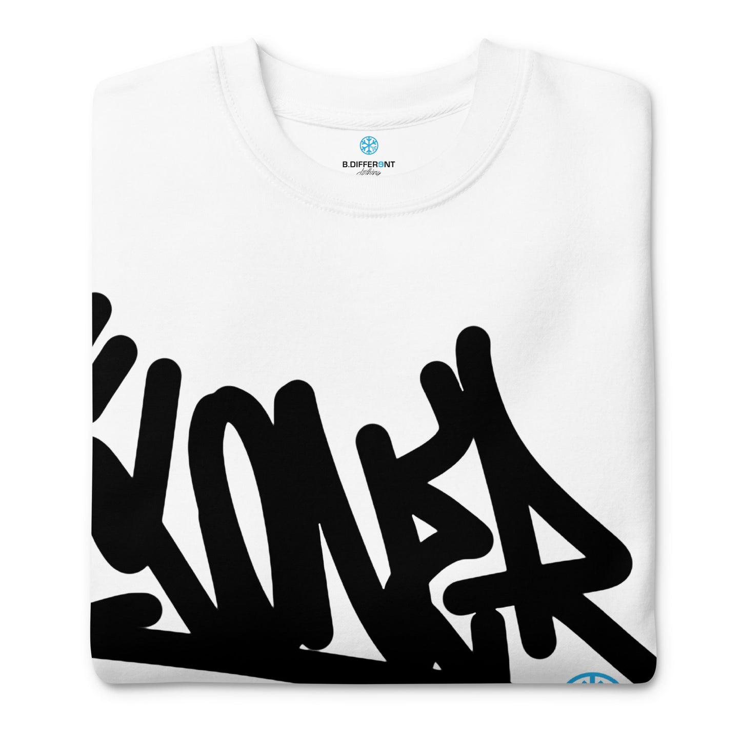 White-Loner Graffiti Tag Sweatshirt from B.Different Clothing, folded, graffiti-inspired streetwear