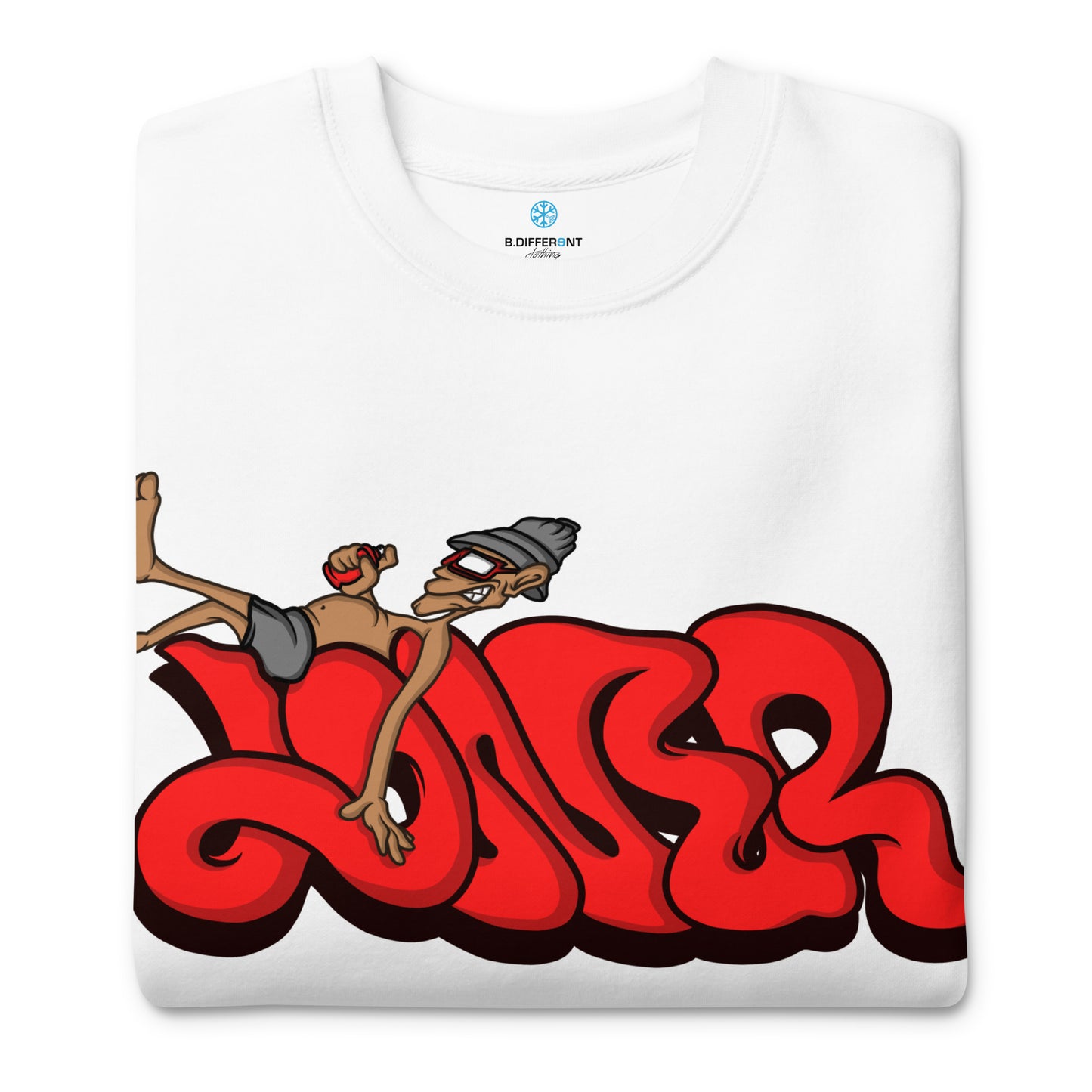 White-Loner Graffiti Piece Sweatshirt from B.Different Clothing, folded, graffiti-inspired streetwear