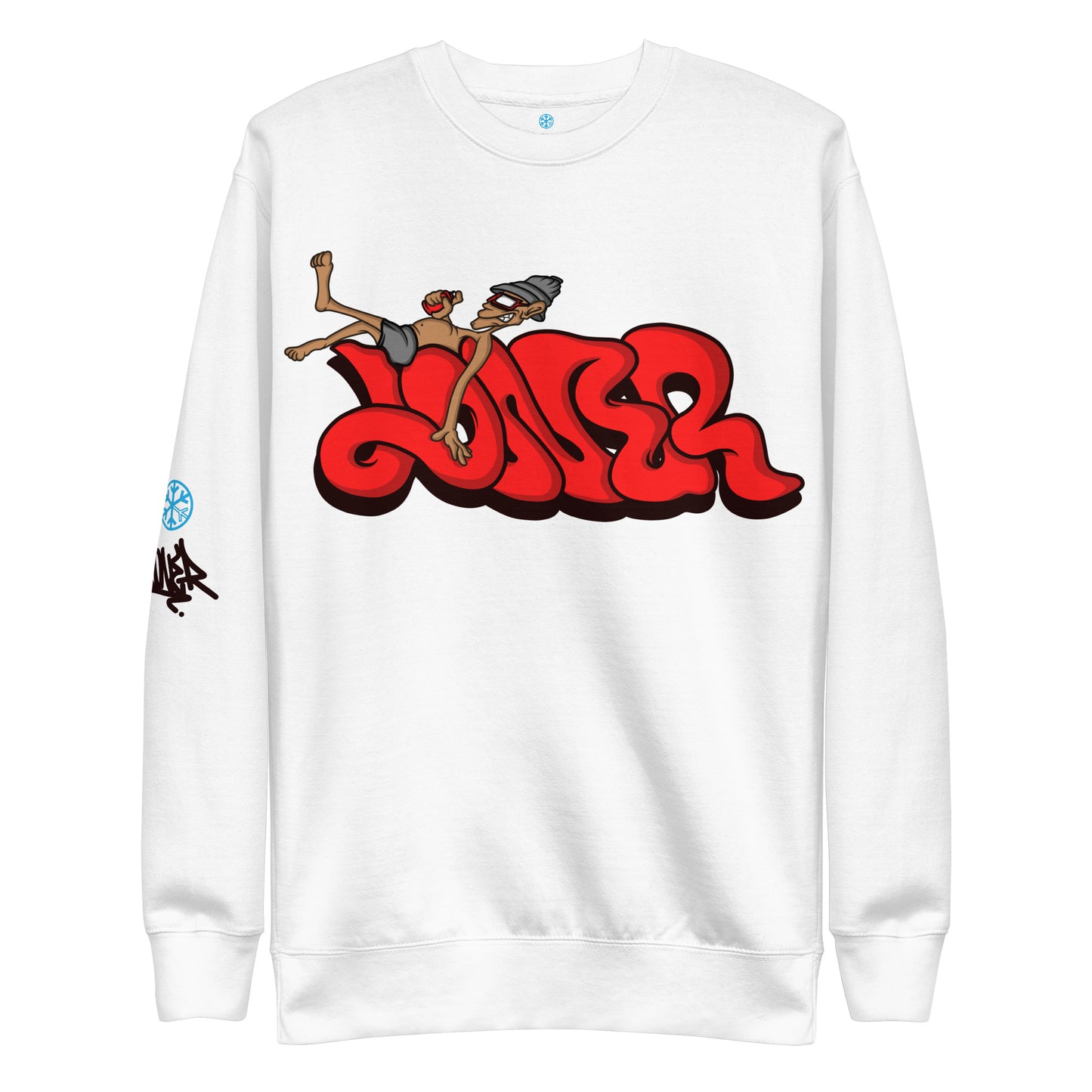 White-Loner Graffiti Piece Sweatshirt from B.Different Clothing, front view, graffiti-inspired streetwear