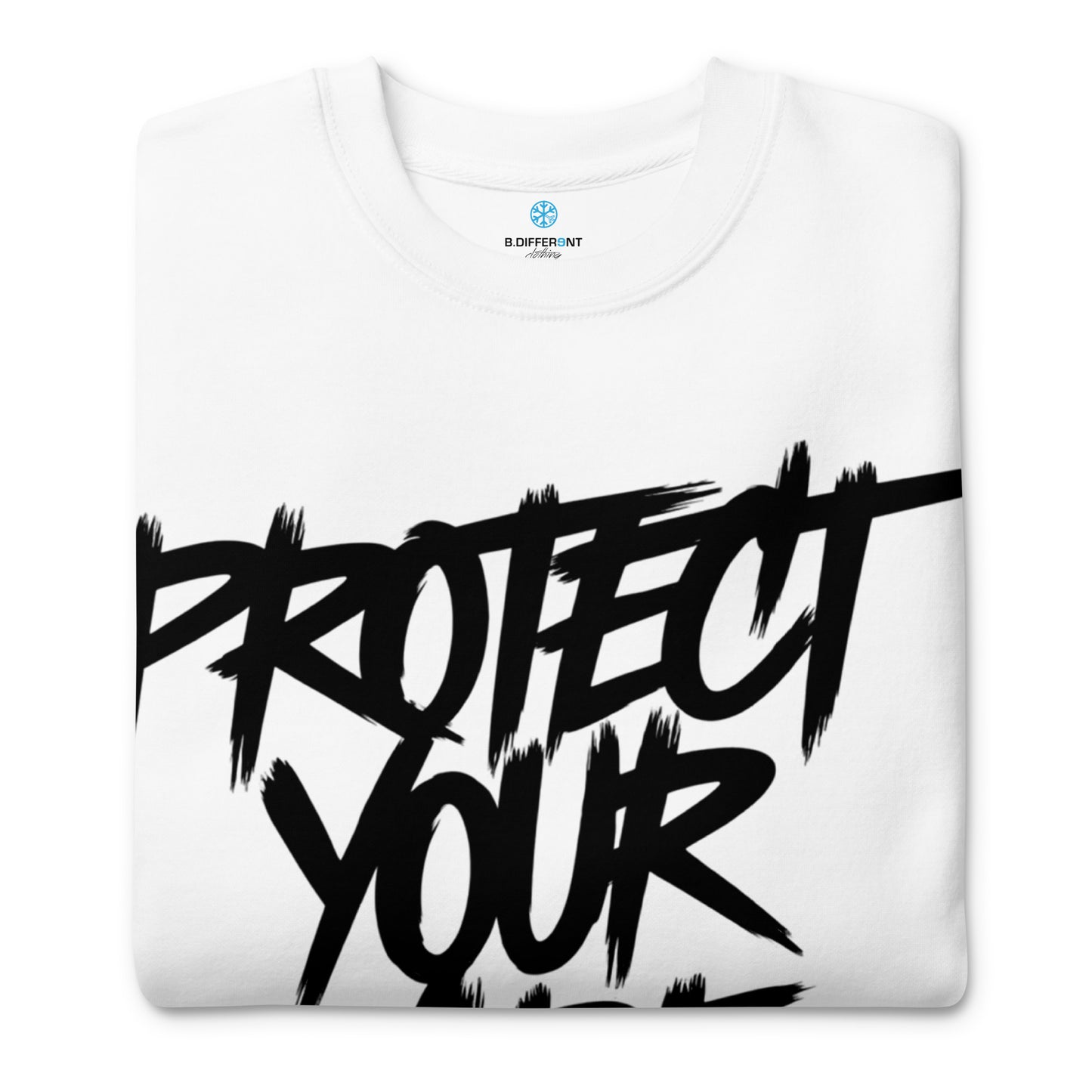 White-Protect Your Vibe Graffiti Tag Sweatshirt from B.Different Clothing, folded, graffiti-inspired streetwear