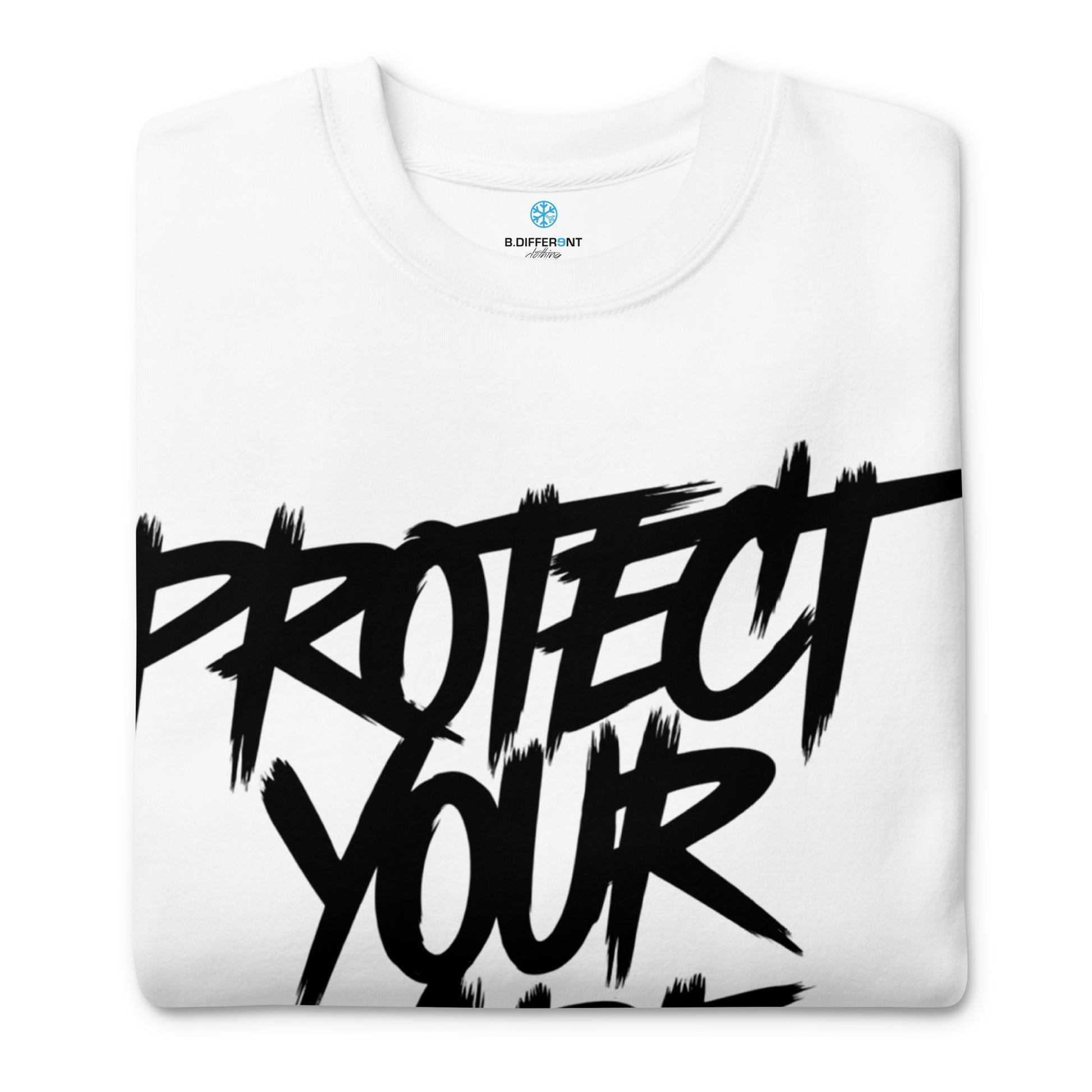 White-Protect Your Vibe Graffiti Tag Sweatshirt from B.Different Clothing, folded, graffiti-inspired streetwear