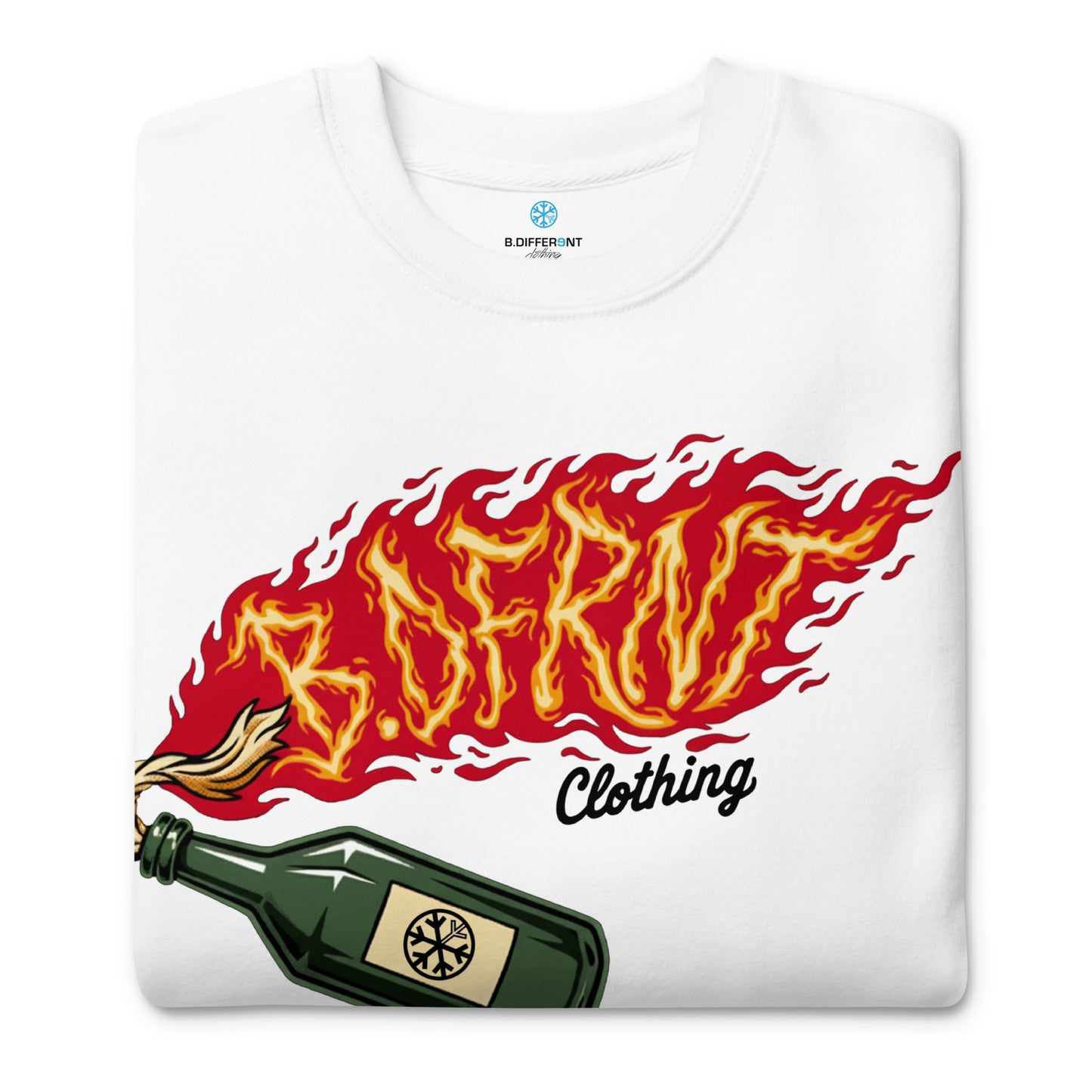 White-Molotov Graffiti Sweatshirt from B.Different Clothing, folded, graffiti-inspired streetwear