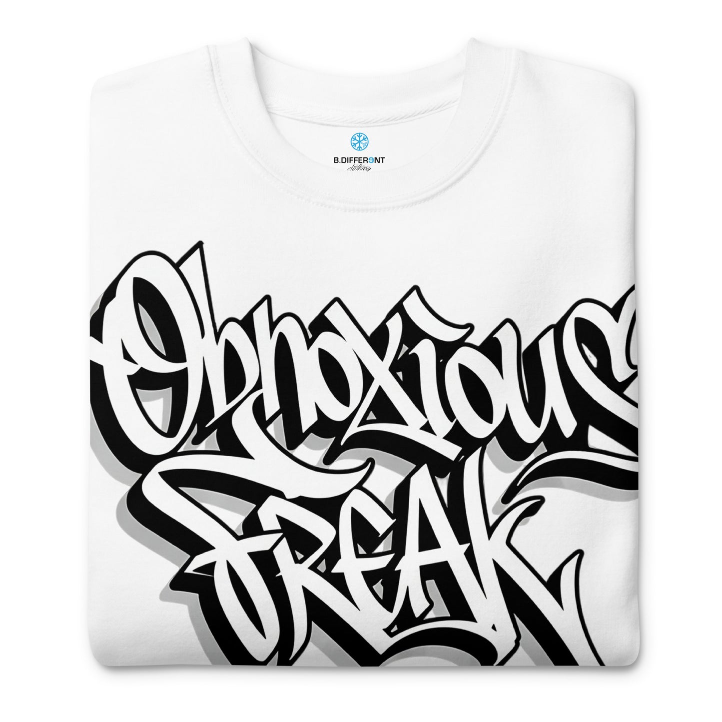 White-Obnoxious Freak Graffiti Sweatshirt from B.Different Clothing, folded, graffiti-inspired streetwear