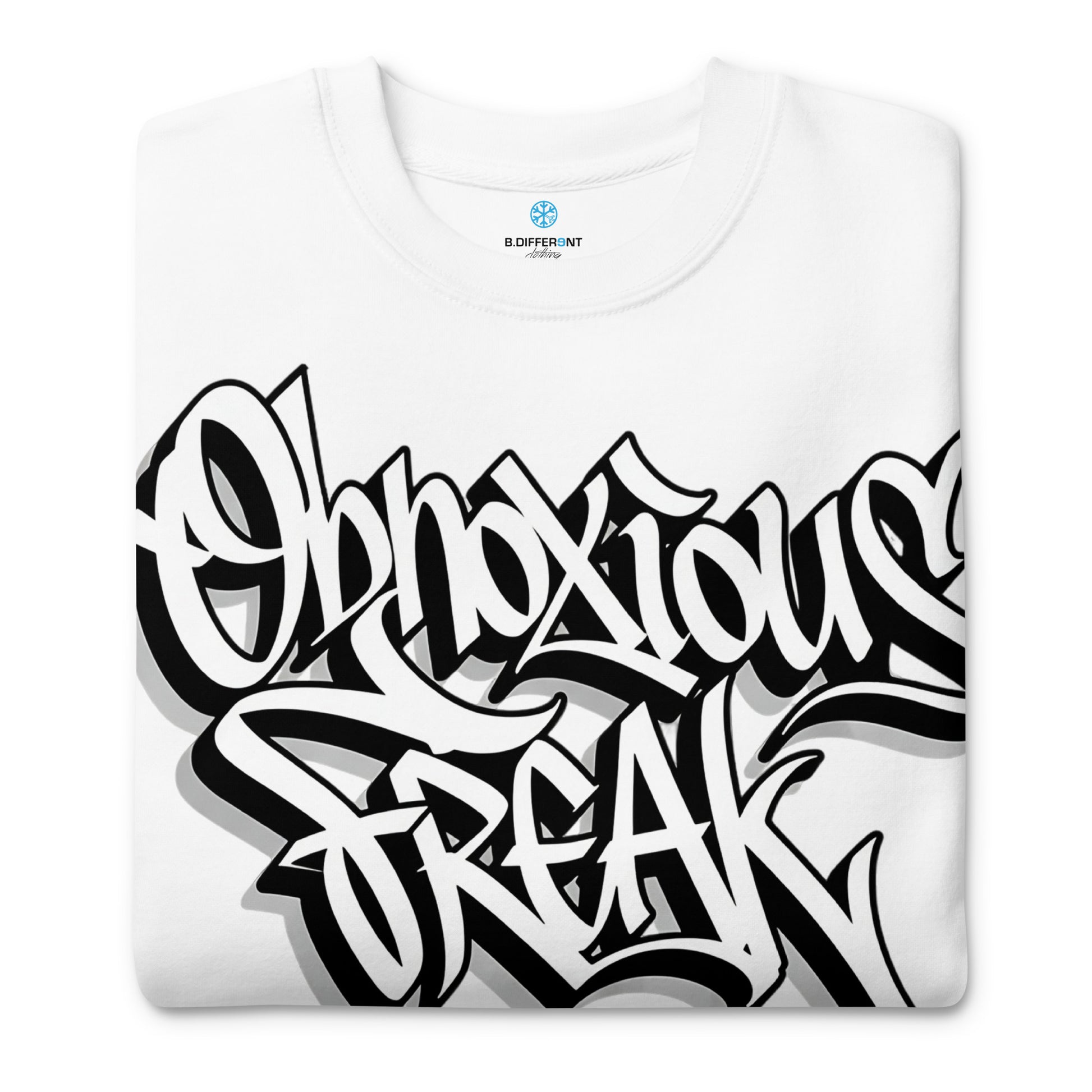 White-Obnoxious Freak Graffiti Sweatshirt from B.Different Clothing, folded, graffiti-inspired streetwear