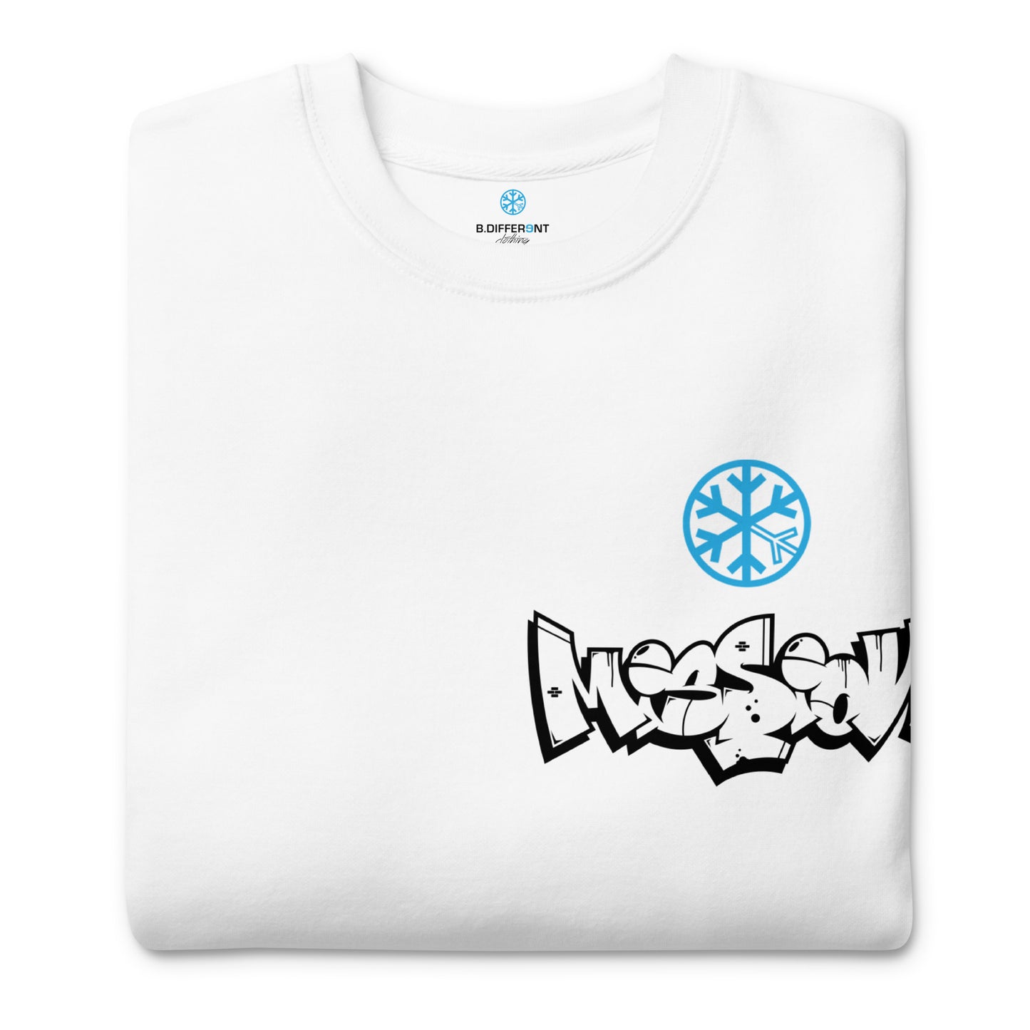 White-Mission Graffiti Character Sweatshirt from B.Different Clothing, folded, graffiti-inspired streetwear