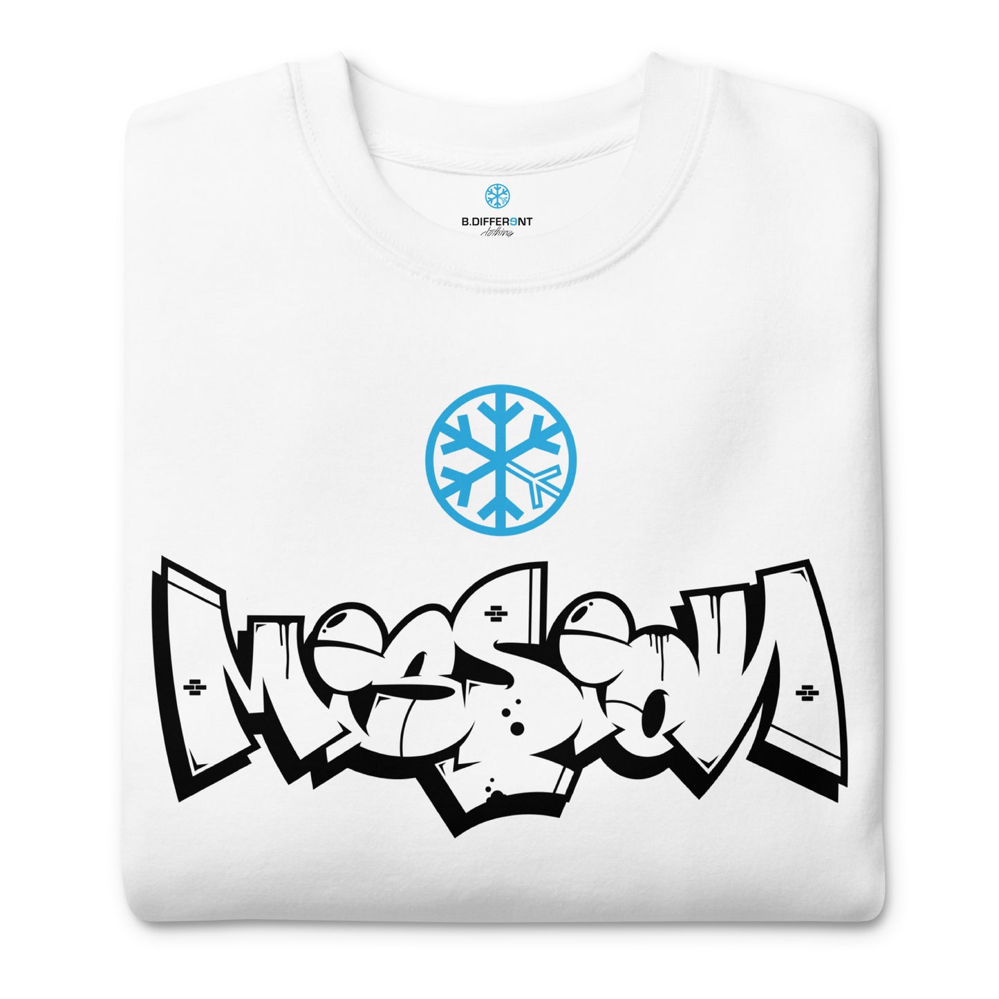 White-Mission Graffiti Piece Sweatshirt from B.Different Clothing, folded, graffiti-inspired streetwear