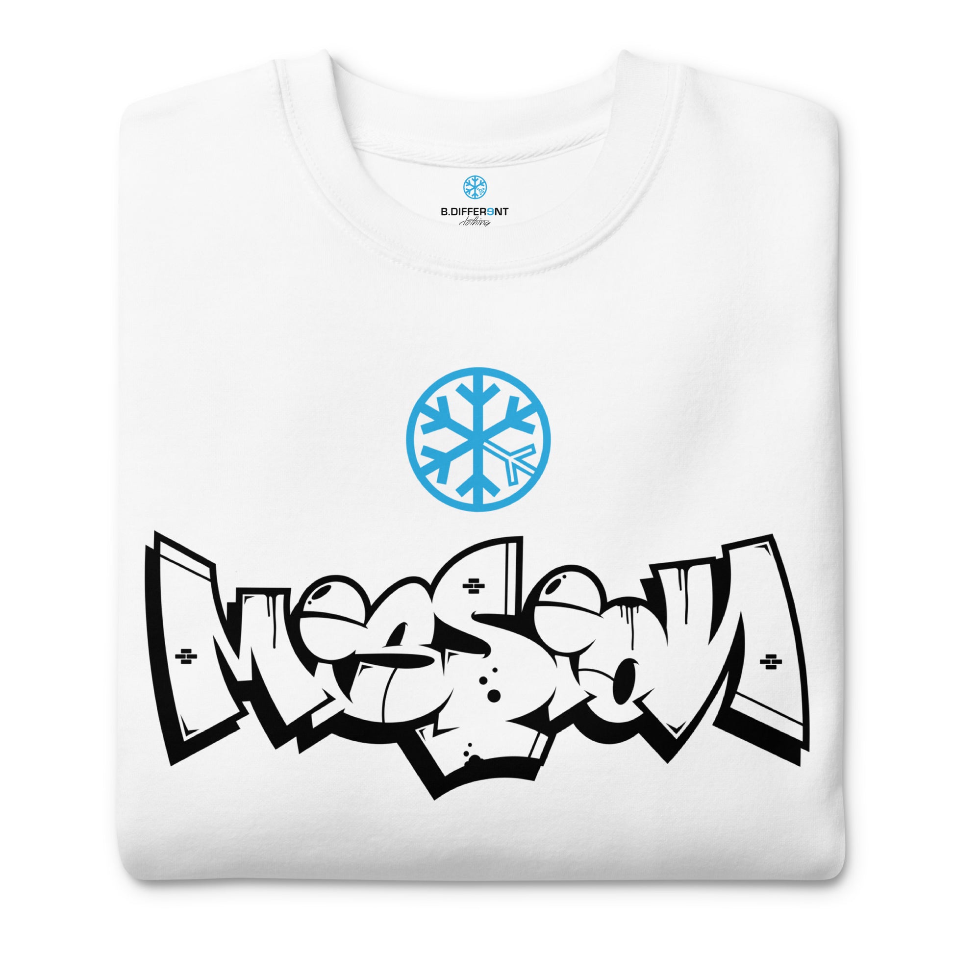 White-Mission Graffiti Piece Sweatshirt from B.Different Clothing, folded, graffiti-inspired streetwear