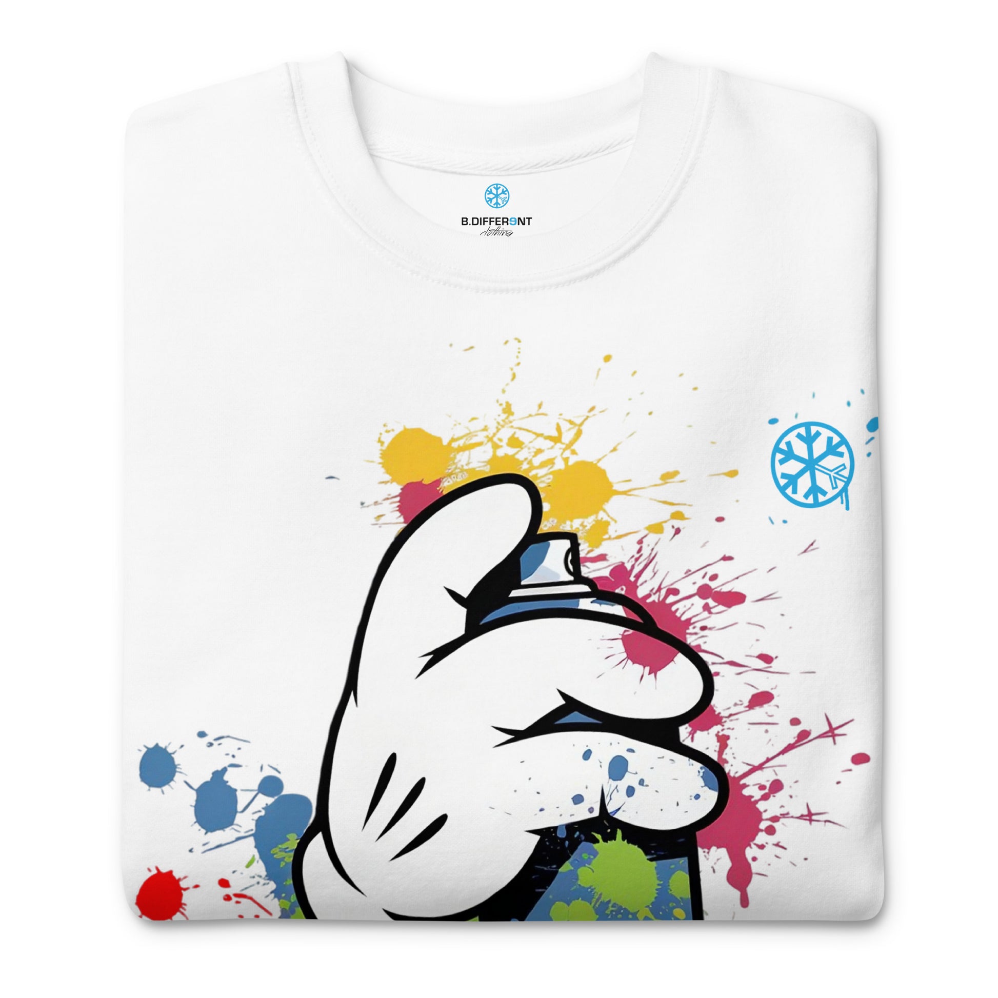 White-Hand Spray Can Graffiti Sweatshirt from B.Different Clothing, folded, graffiti-inspired streetwear