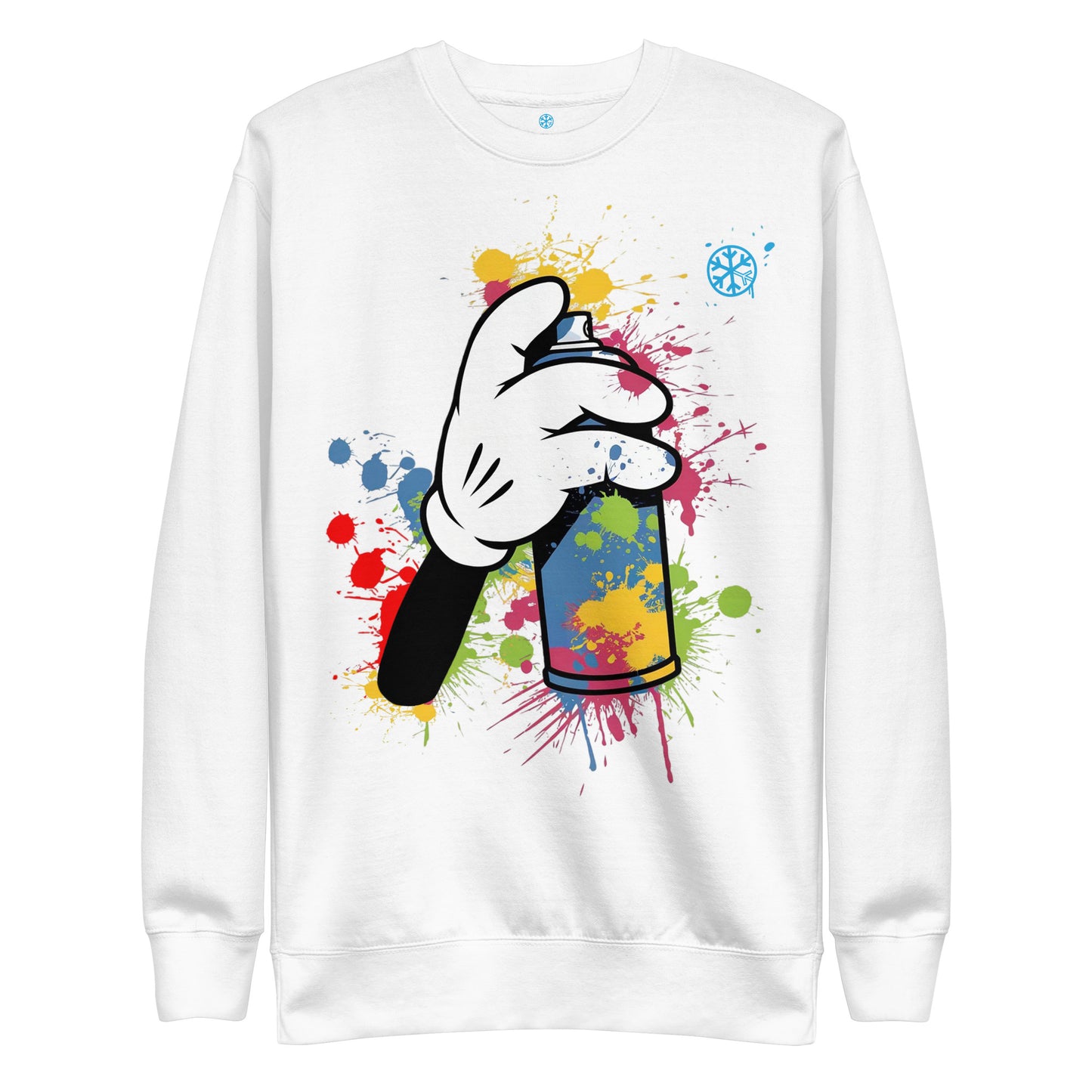 White-Hand Spray Can Graffiti Sweatshirt from B.Different Clothing, front view, graffiti-inspired streetwear