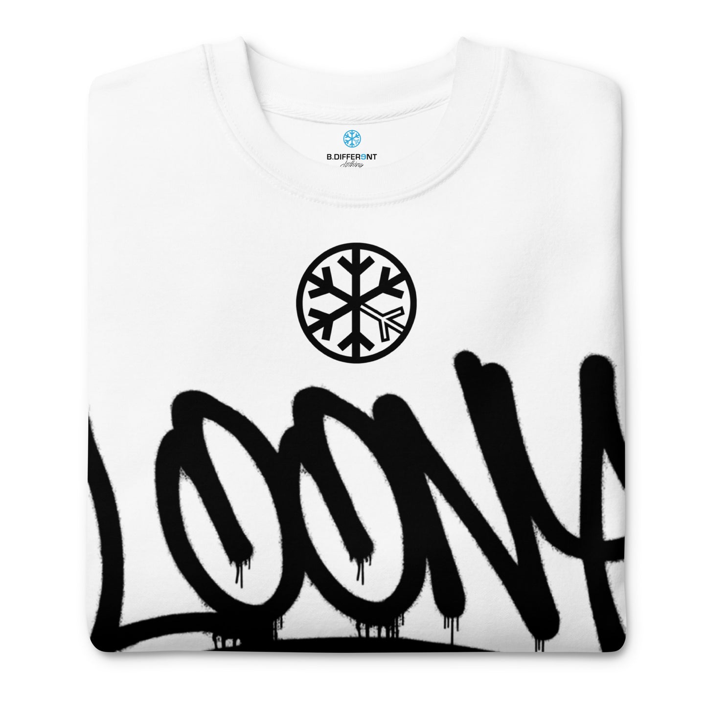 White-Loony Graffiti Tag Sweatshirt from B.Different Clothing, folded, graffiti-inspired streetwear