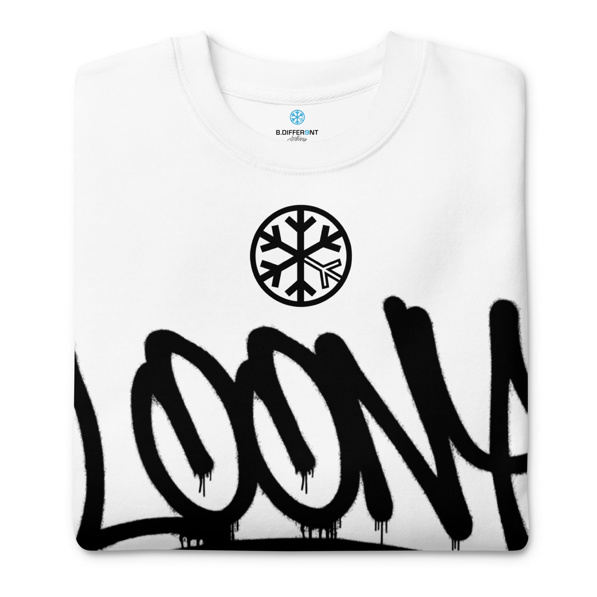 White-Loony Graffiti Tag Sweatshirt from B.Different Clothing, folded, graffiti-inspired streetwear