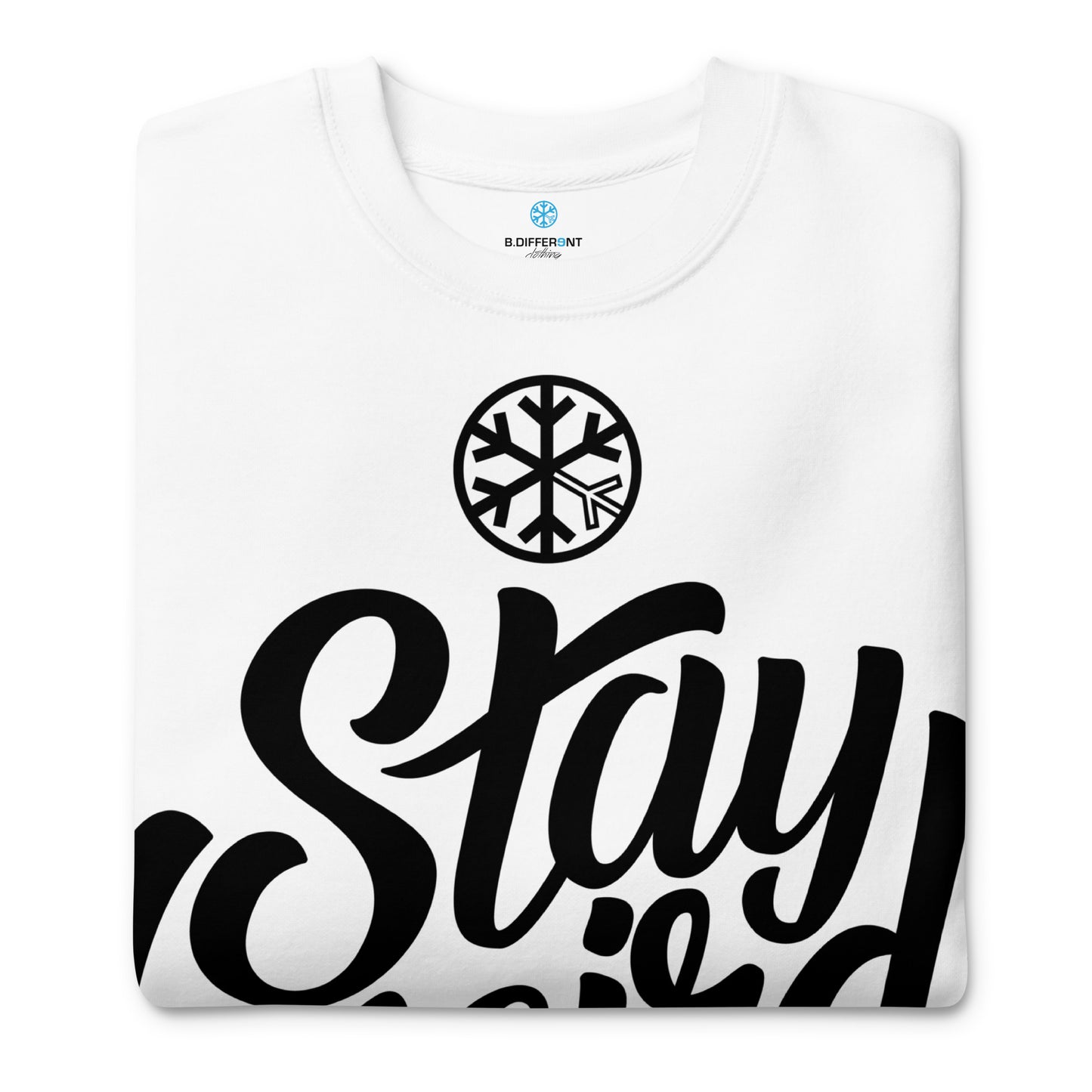 White-Stay Weird Sweatshirt from B.Different Clothing, folded, graffiti-inspired streetwear
