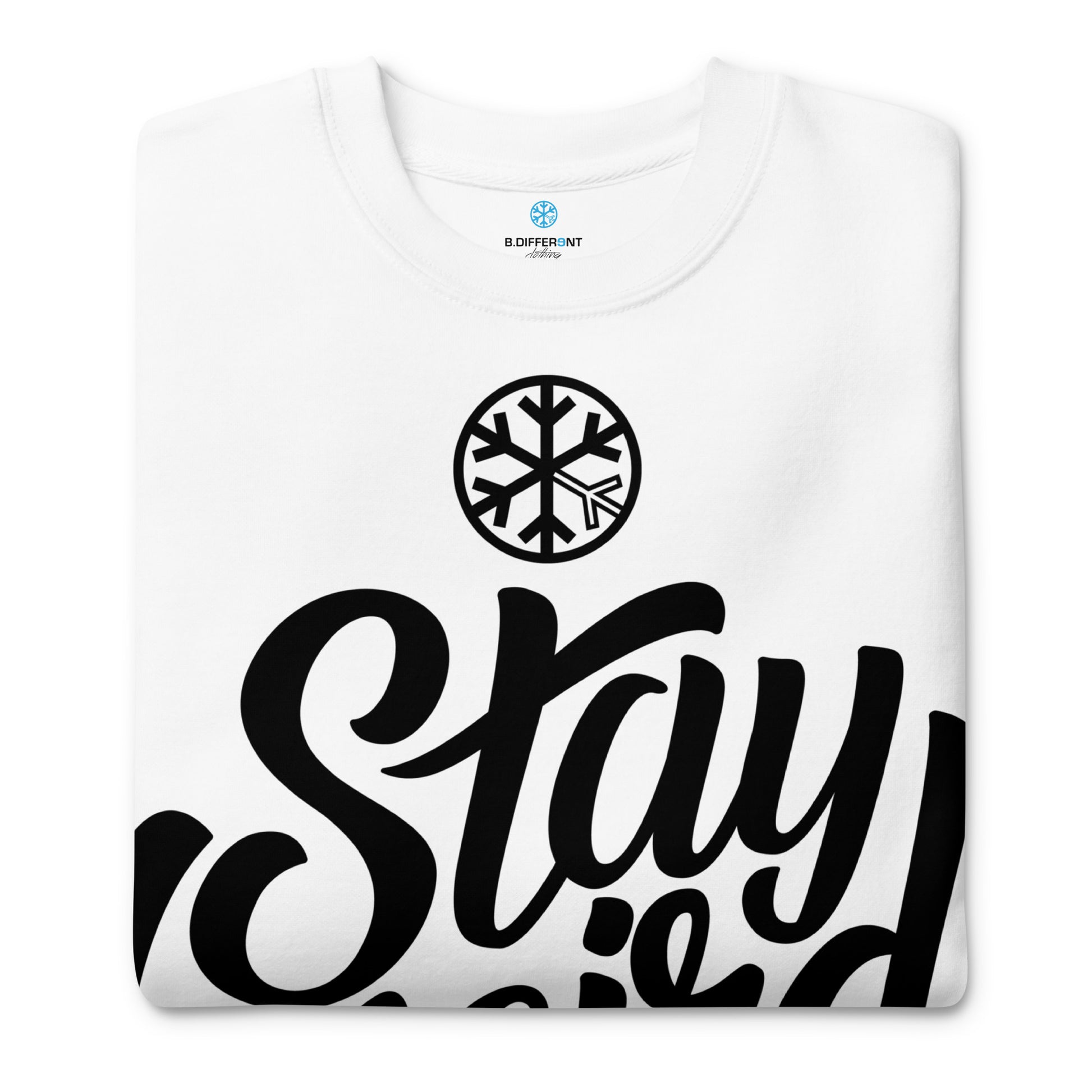 White-Stay Weird Sweatshirt from B.Different Clothing, folded, graffiti-inspired streetwear