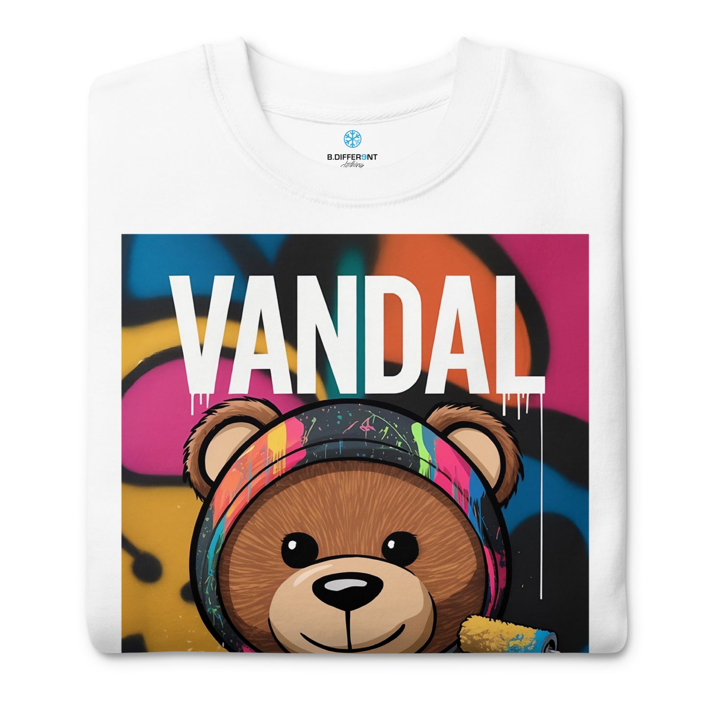 White-Vandal Teddy Bear Graffiti Sweatshirt from B.Different Clothing, folded, graffiti-inspired streetwear