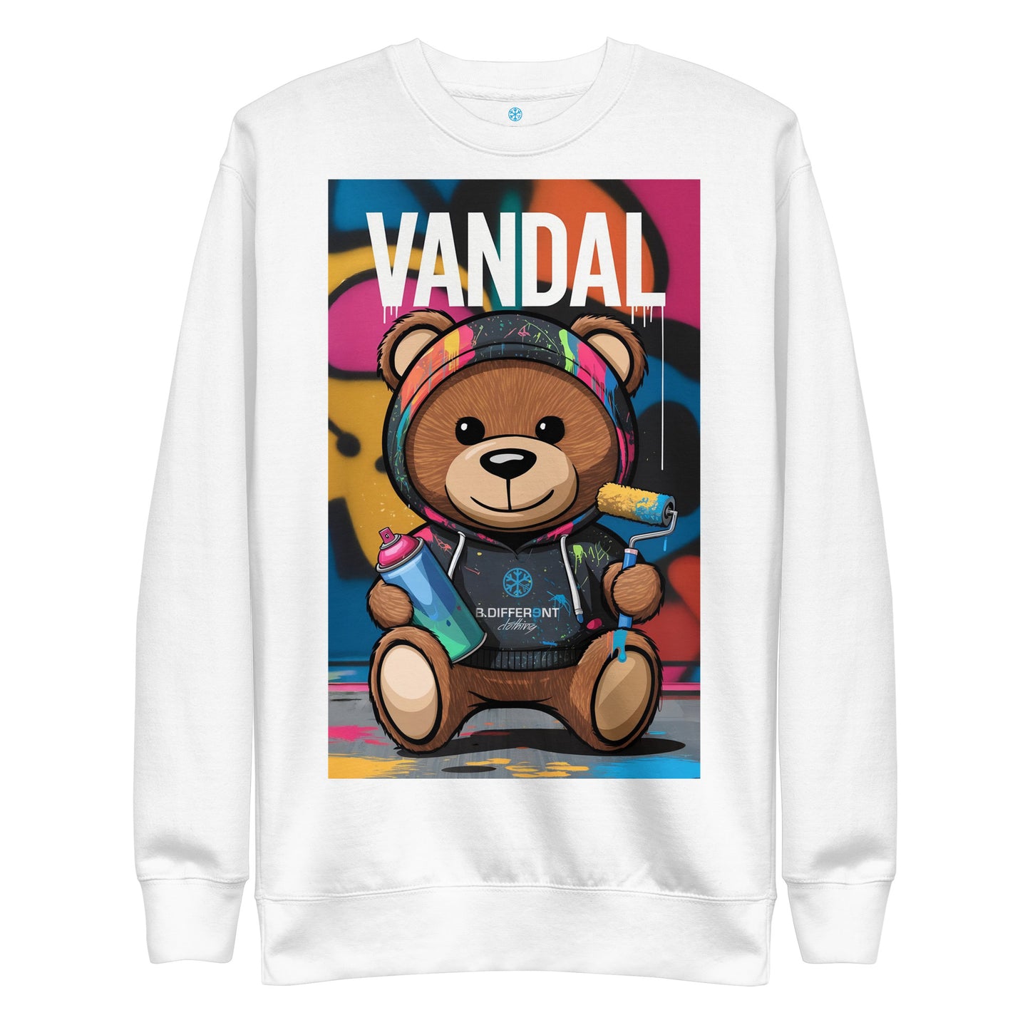 White-Vandal Teddy Bear Graffiti Sweatshirt from B.Different Clothing, front view, graffiti-inspired streetwear