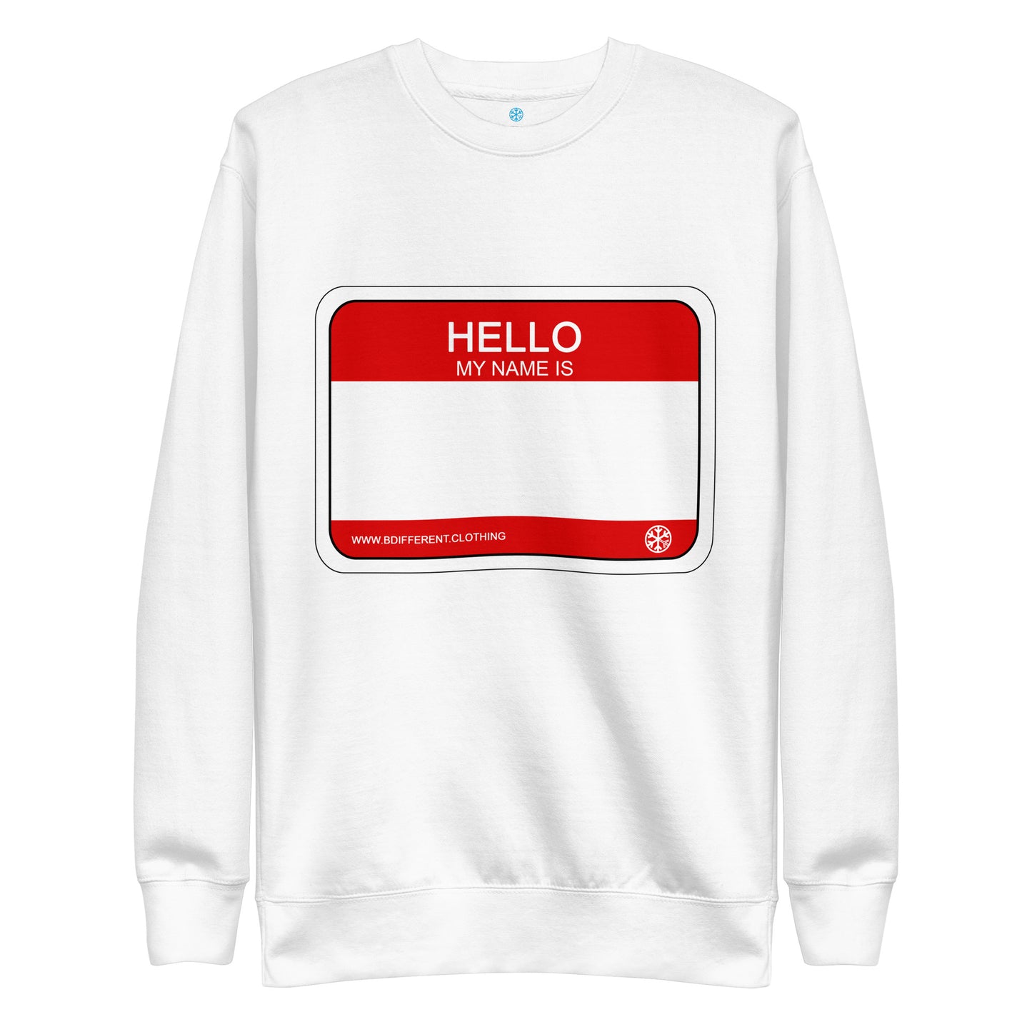 White-Hello My Name Is Sticker Graffiti Sweatshirt from B.Different Clothing, front view, graffiti-inspired streetwear
