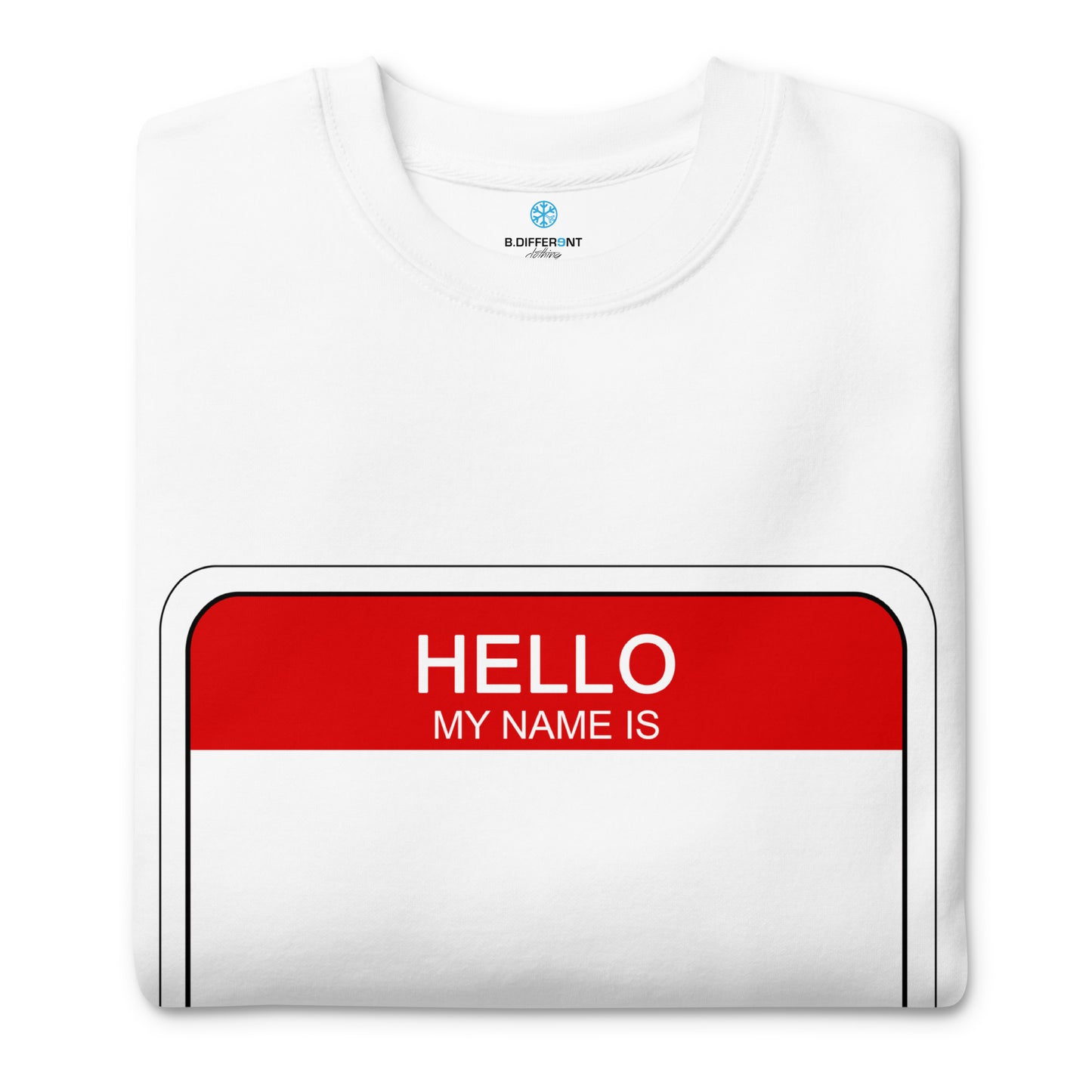 White-Hello My Name Is Sticker Graffiti Sweatshirt from B.Different Clothing, folded, graffiti-inspired streetwear