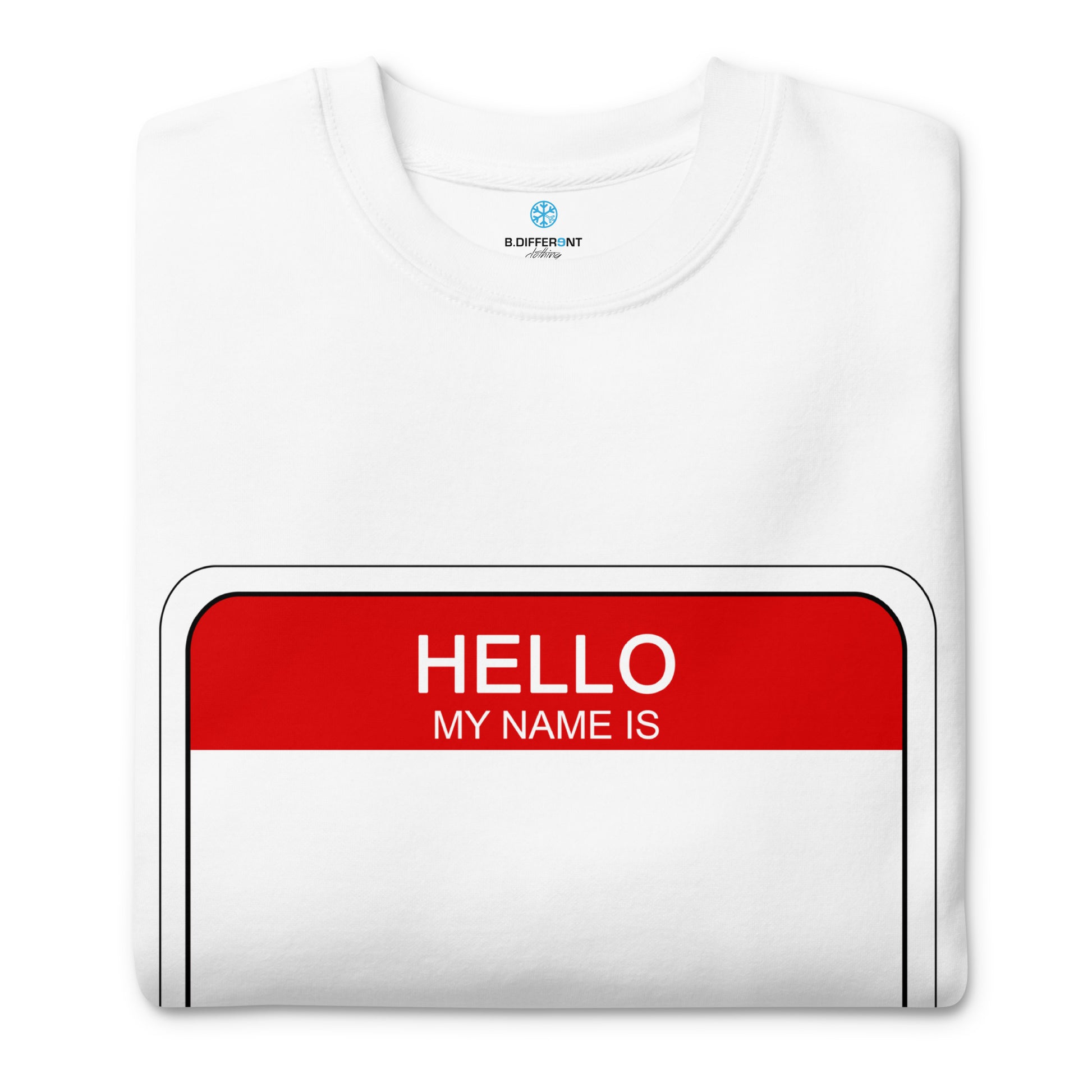 White-Hello My Name Is Sticker Graffiti Sweatshirt from B.Different Clothing, folded, graffiti-inspired streetwear