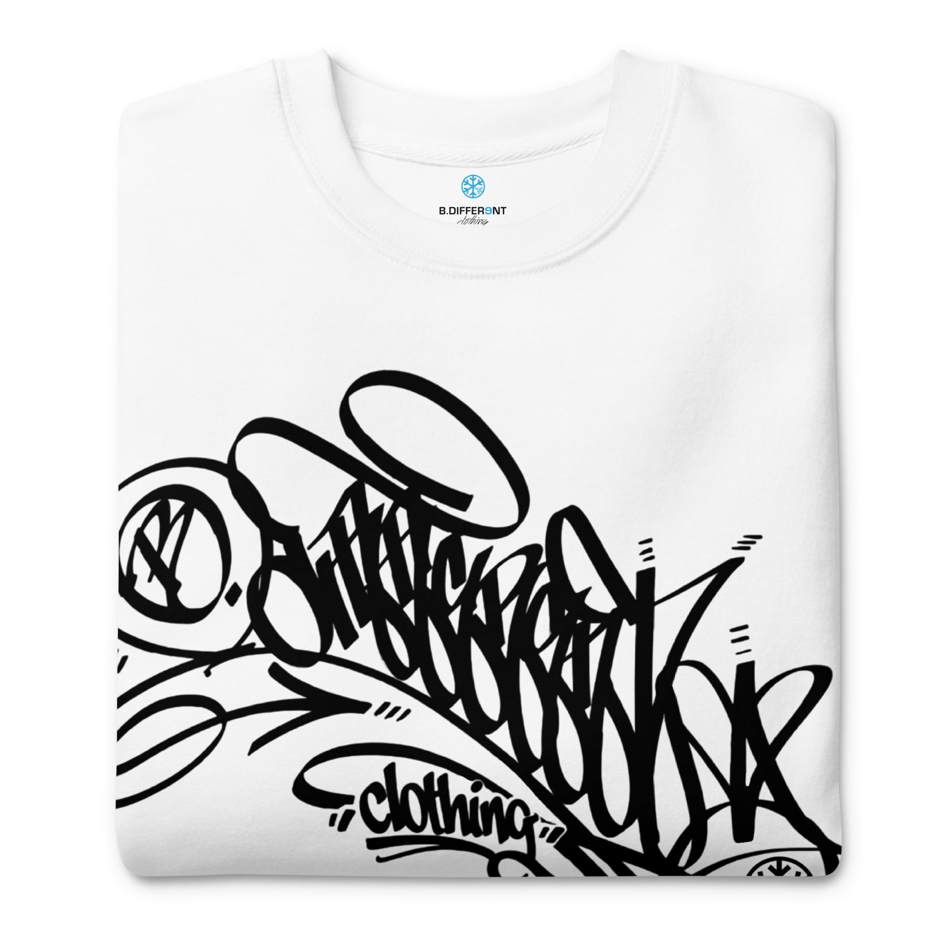 White-B.Different Clothing Graffiti Tag Sweatshirt from B.Different Clothing, folded, graffiti-inspired streetwear
