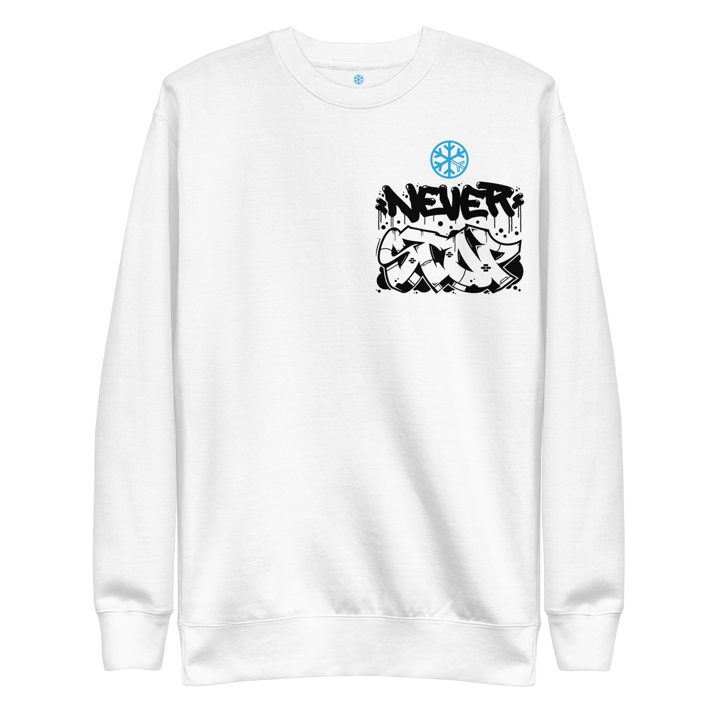 White-Never Stop Graffiti Character Sweatshirt from B.Different Clothing, front view, graffiti-inspired streetwear