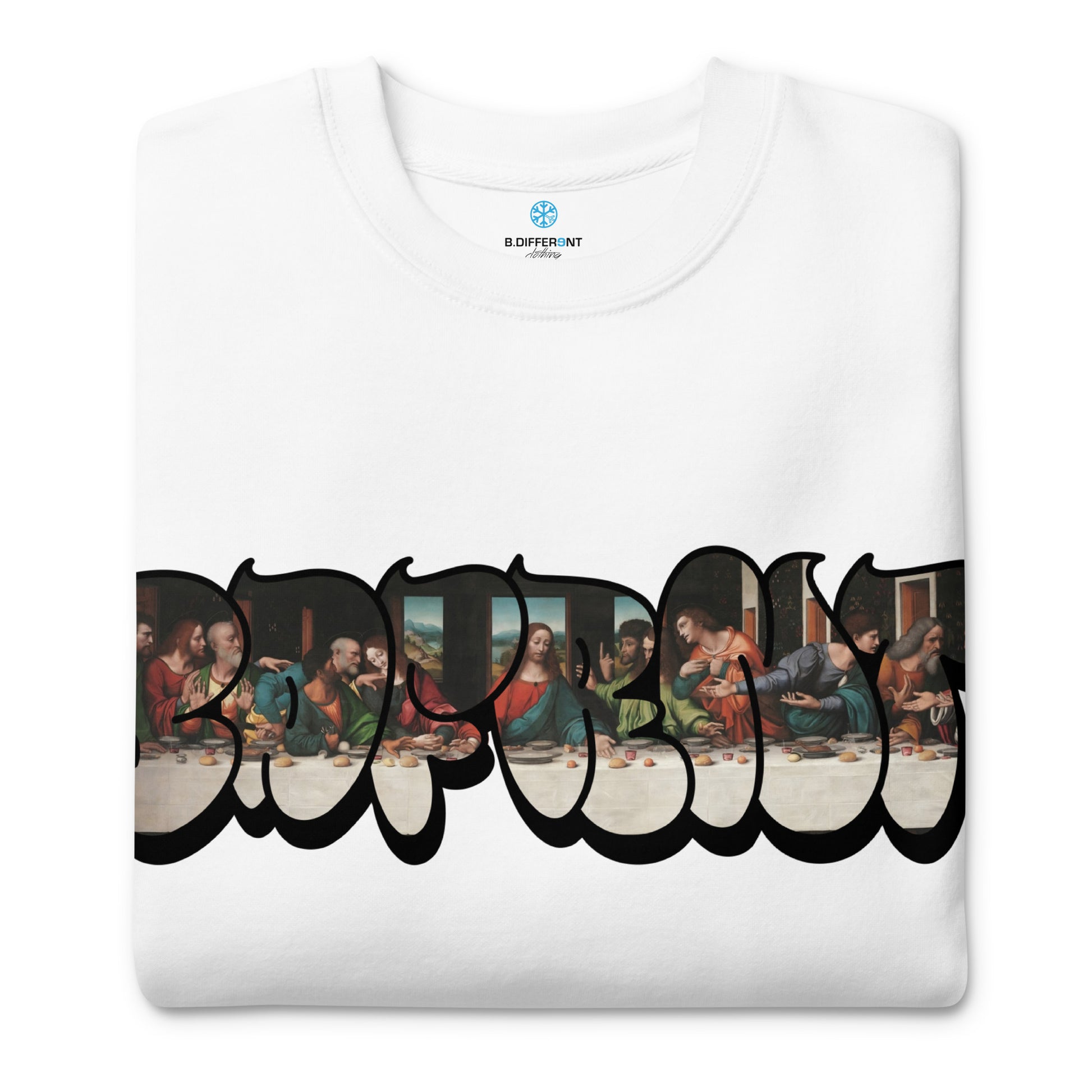 White-BDFRNT Throwie x Last Supper Graffiti Sweatshirt from B.Different Clothing, folded, graffiti-inspired streetwear