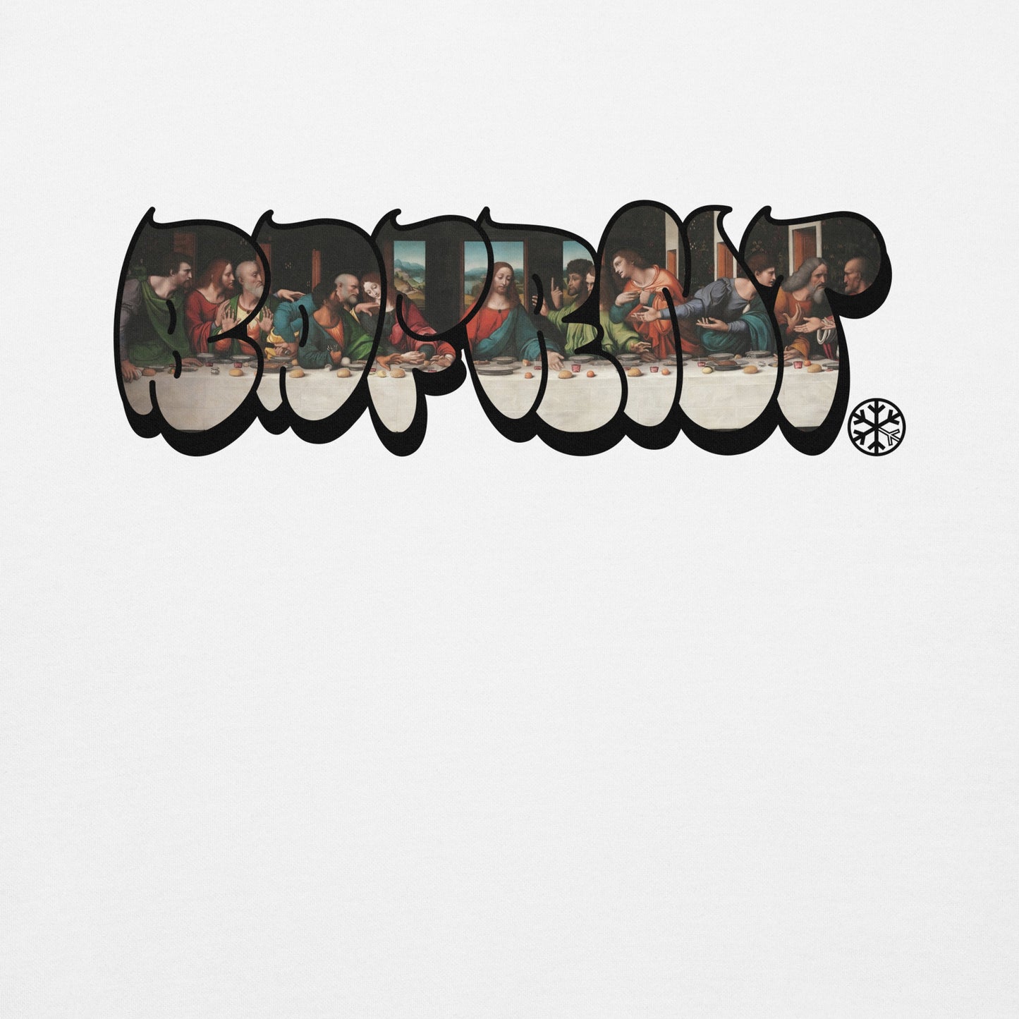 White-BDFRNT Throwie x Last Supper Graffiti Sweatshirt from B.Different Clothing, graphic, graffiti-inspired streetwear