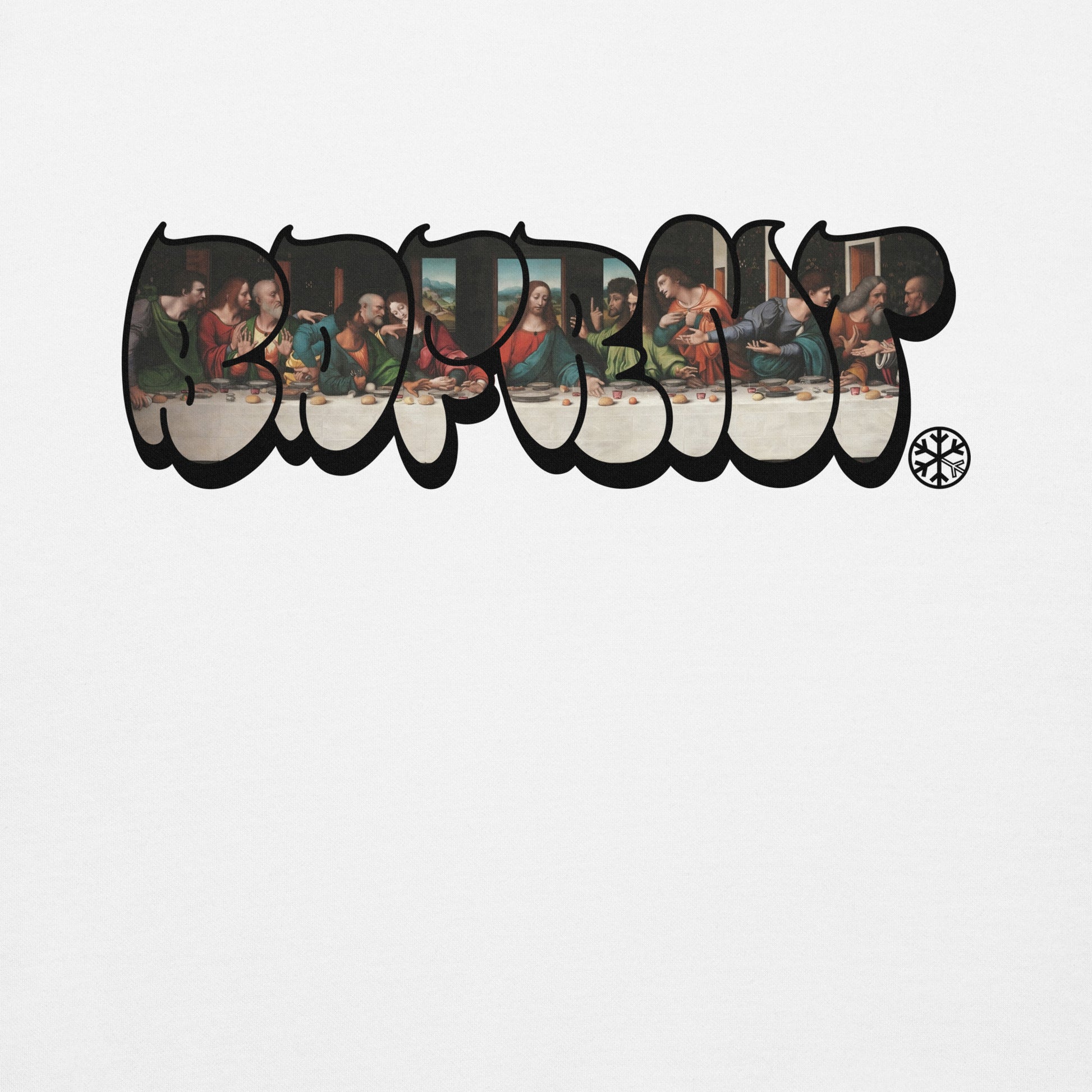 White-BDFRNT Throwie x Last Supper Graffiti Sweatshirt from B.Different Clothing, graphic, graffiti-inspired streetwear