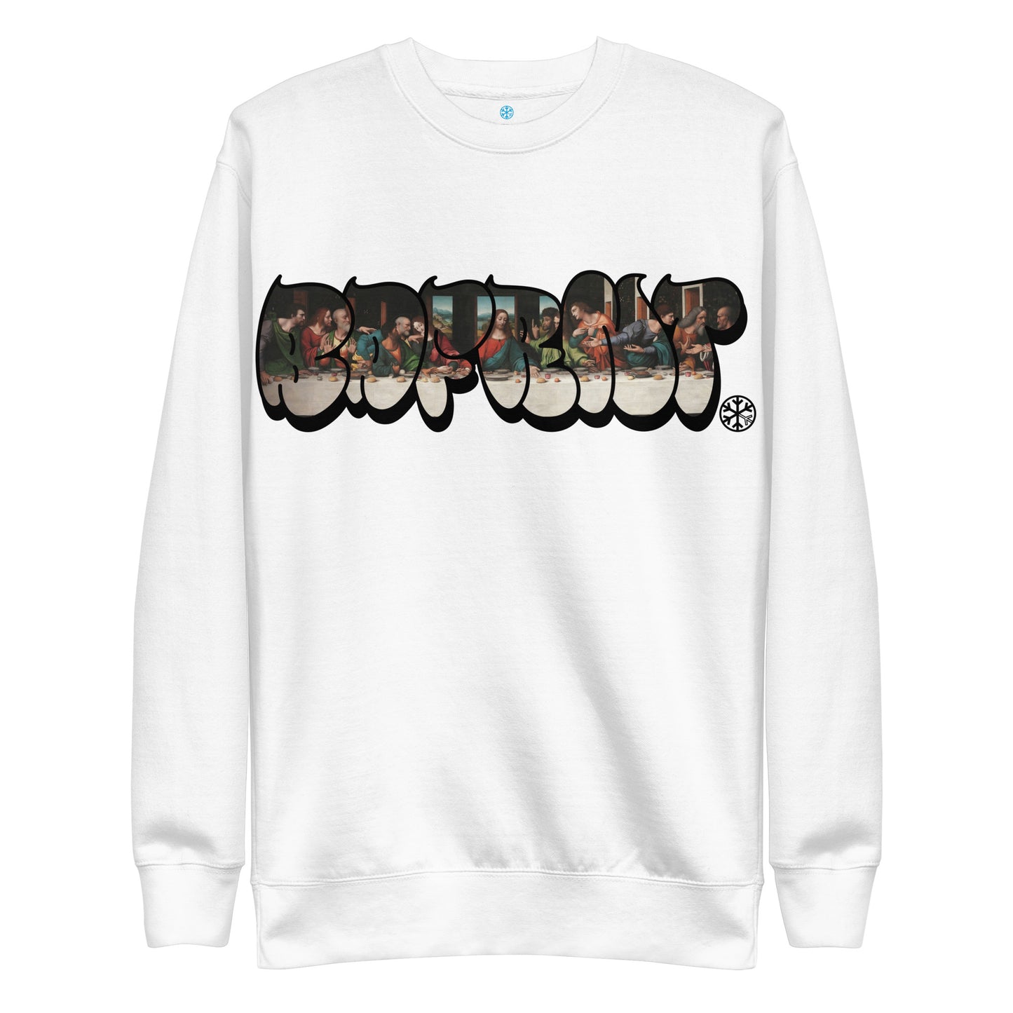 White-BDFRNT Throwie x Last Supper Graffiti Sweatshirt from B.Different Clothing, front view, graffiti-inspired streetwear