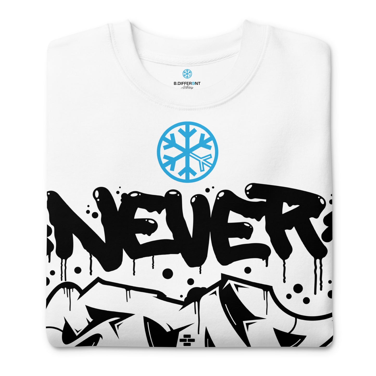 White-Never Stop Graffiti Piece Sweatshirt from B.Different Clothing, folded, graffiti-inspired streetwear