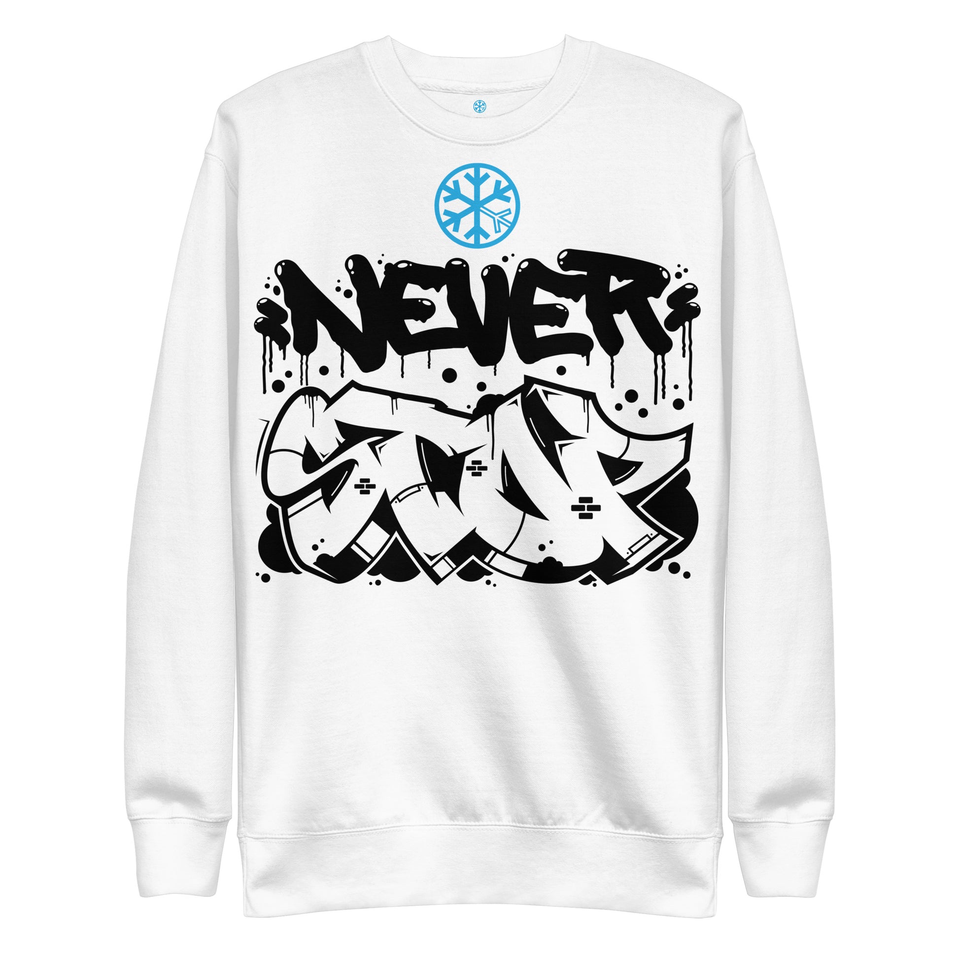 White-Never Stop Graffiti Piece Sweatshirt from B.Different Clothing, front view, graffiti-inspired streetwear