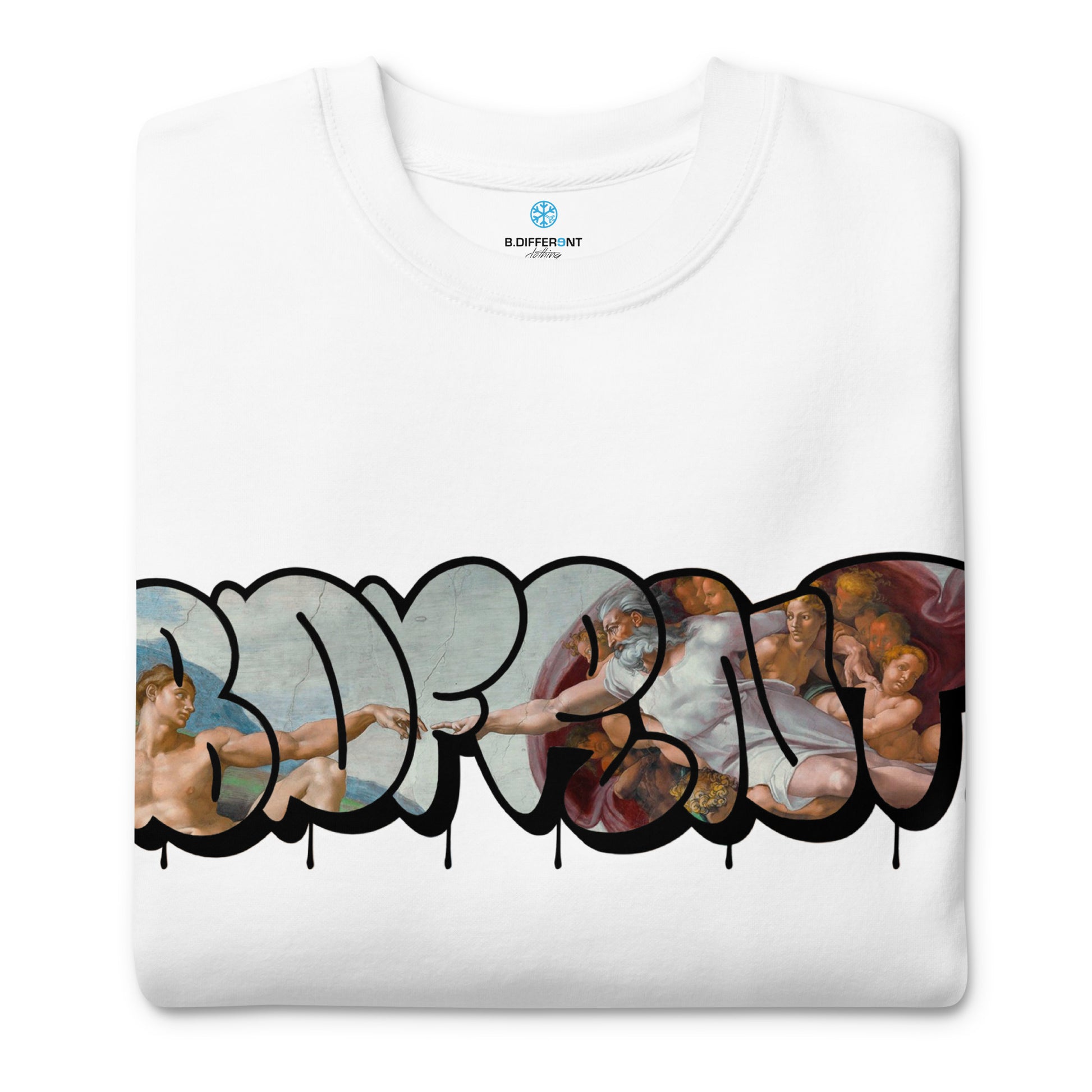 White-BDFRNT Throwie x Creation of Adam Graffiti Sweatshirt from B.Different Clothing, folded, graffiti-inspired streetwear