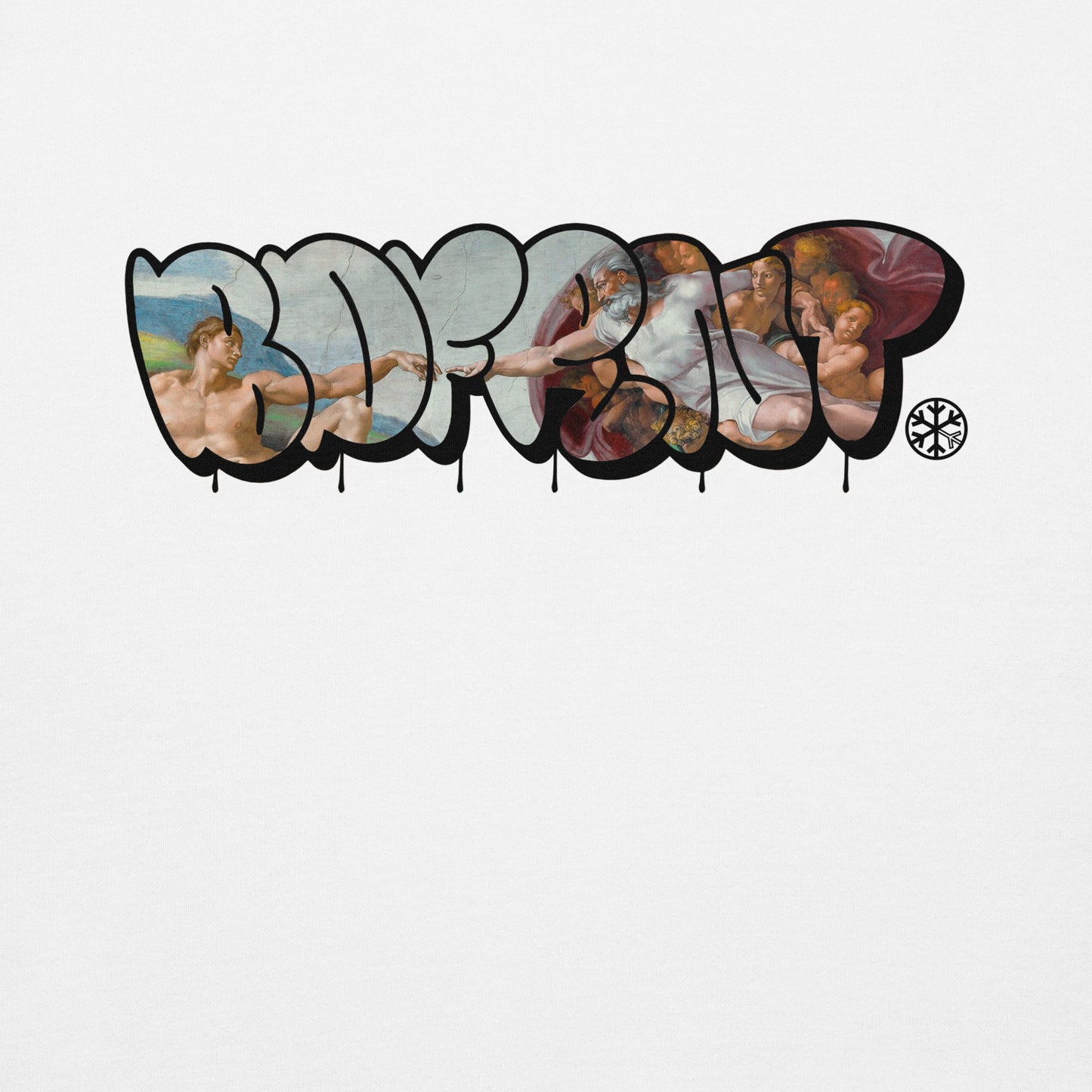White-BDFRNT Throwie x Creation of Adam Graffiti Sweatshirt from B.Different Clothing, graphic, graffiti-inspired streetwear