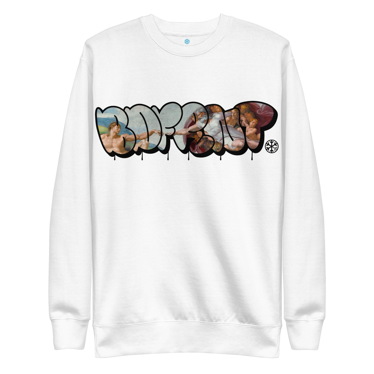 White-BDFRNT Throwie x Creation of Adam Graffiti Sweatshirt from B.Different Clothing, front view, graffiti-inspired streetwear