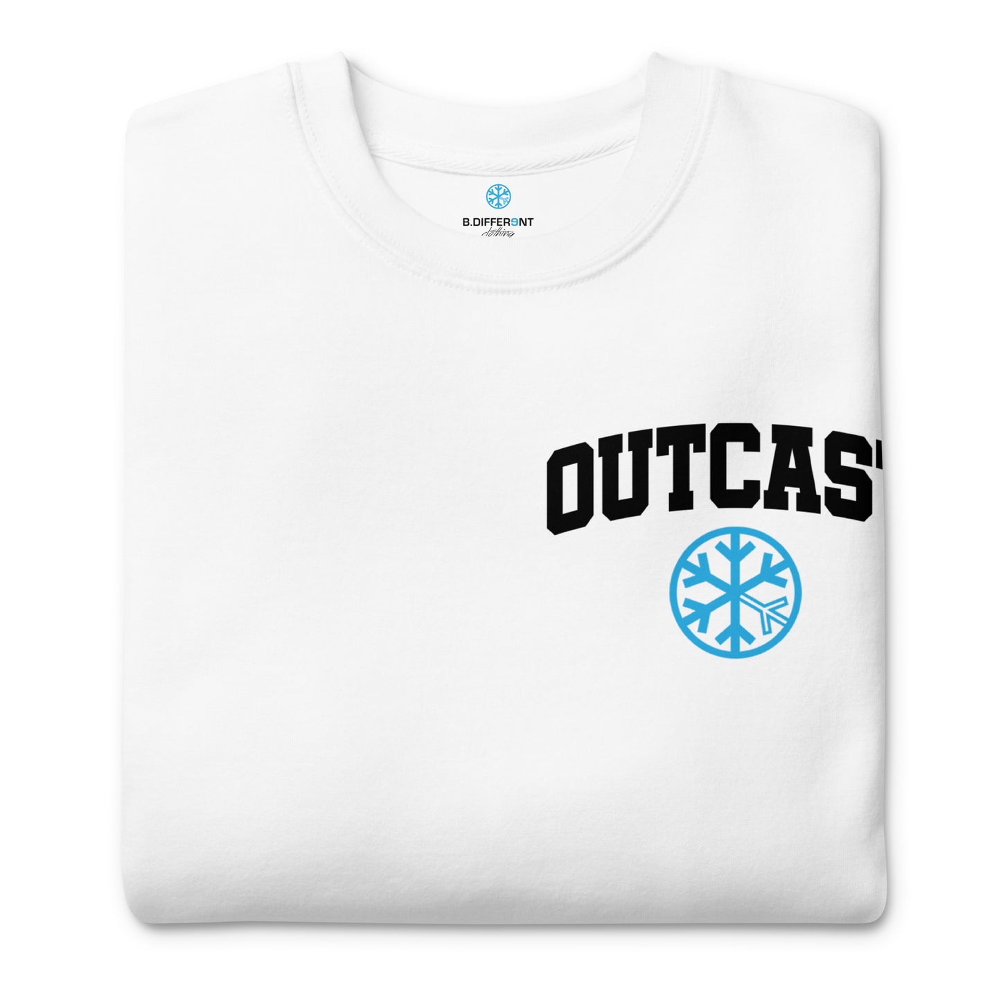 White-Outcast Graffiti Character Sweatshirt from B.Different Clothing, folded, graffiti-inspired streetwear