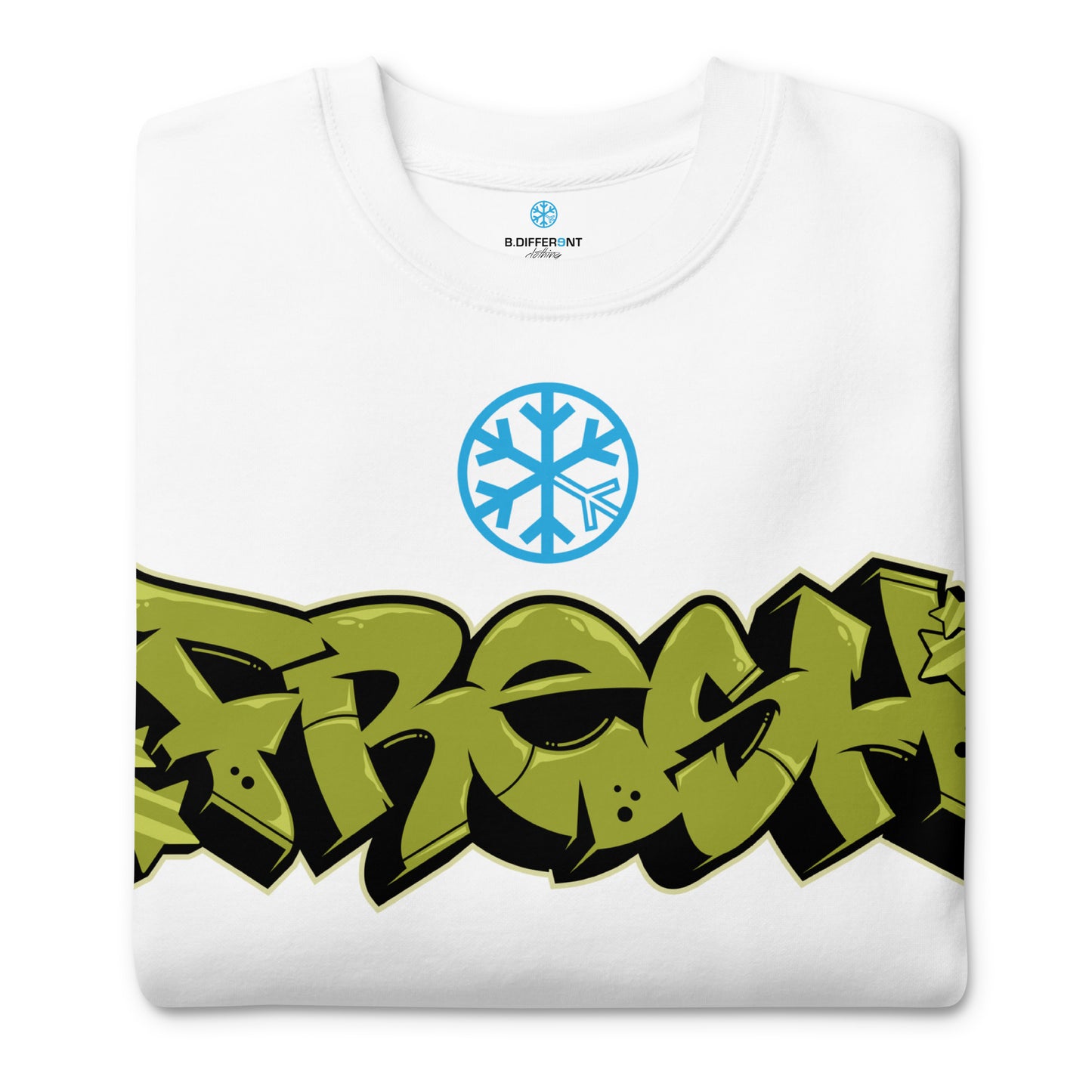 White-Fresh Graffiti Piece Sweatshirt from B.Different Clothing, folded, graffiti-inspired streetwear