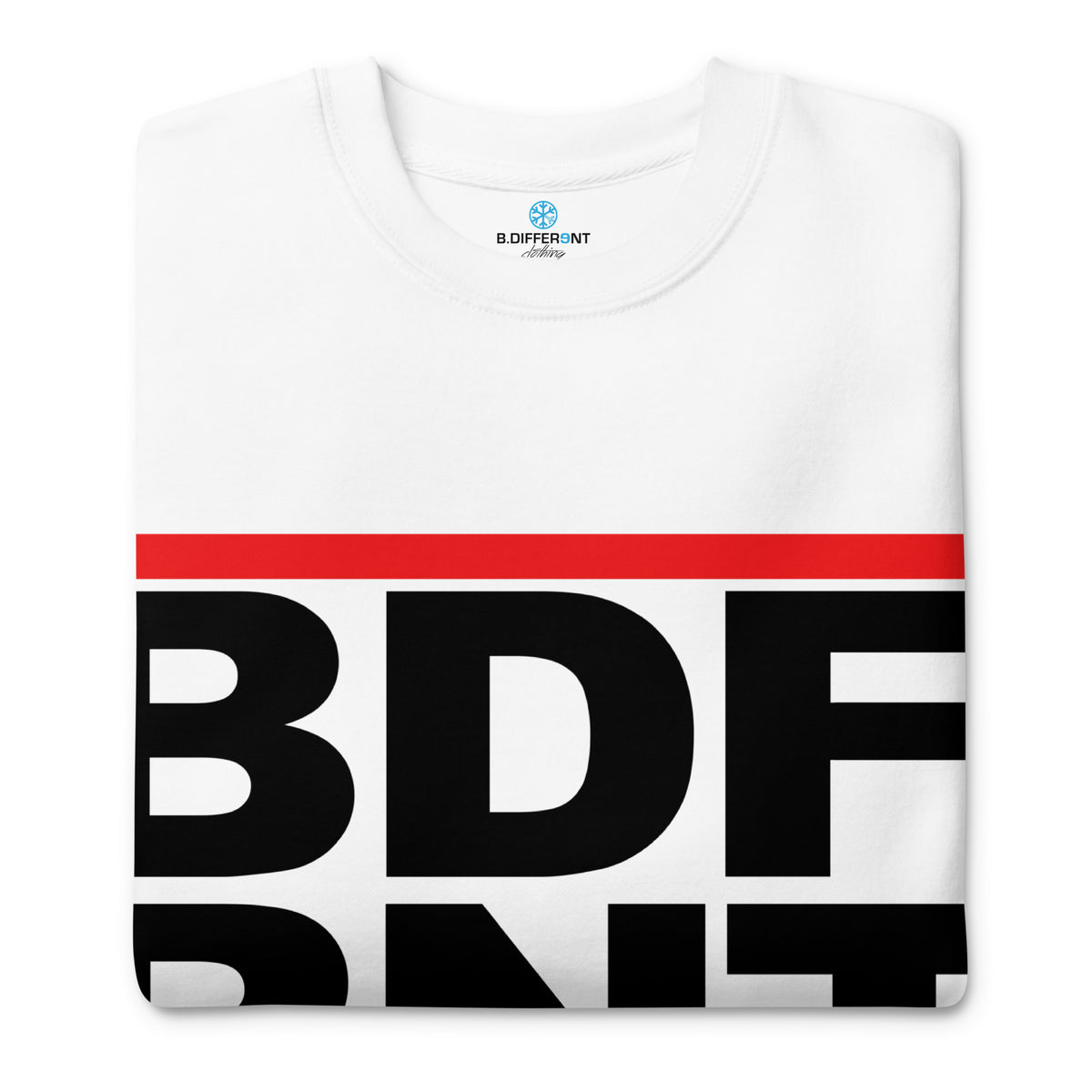White-BDFRNT OG Logo Sweatshirt from B.Different Clothing, folded, graffiti-inspired streetwear