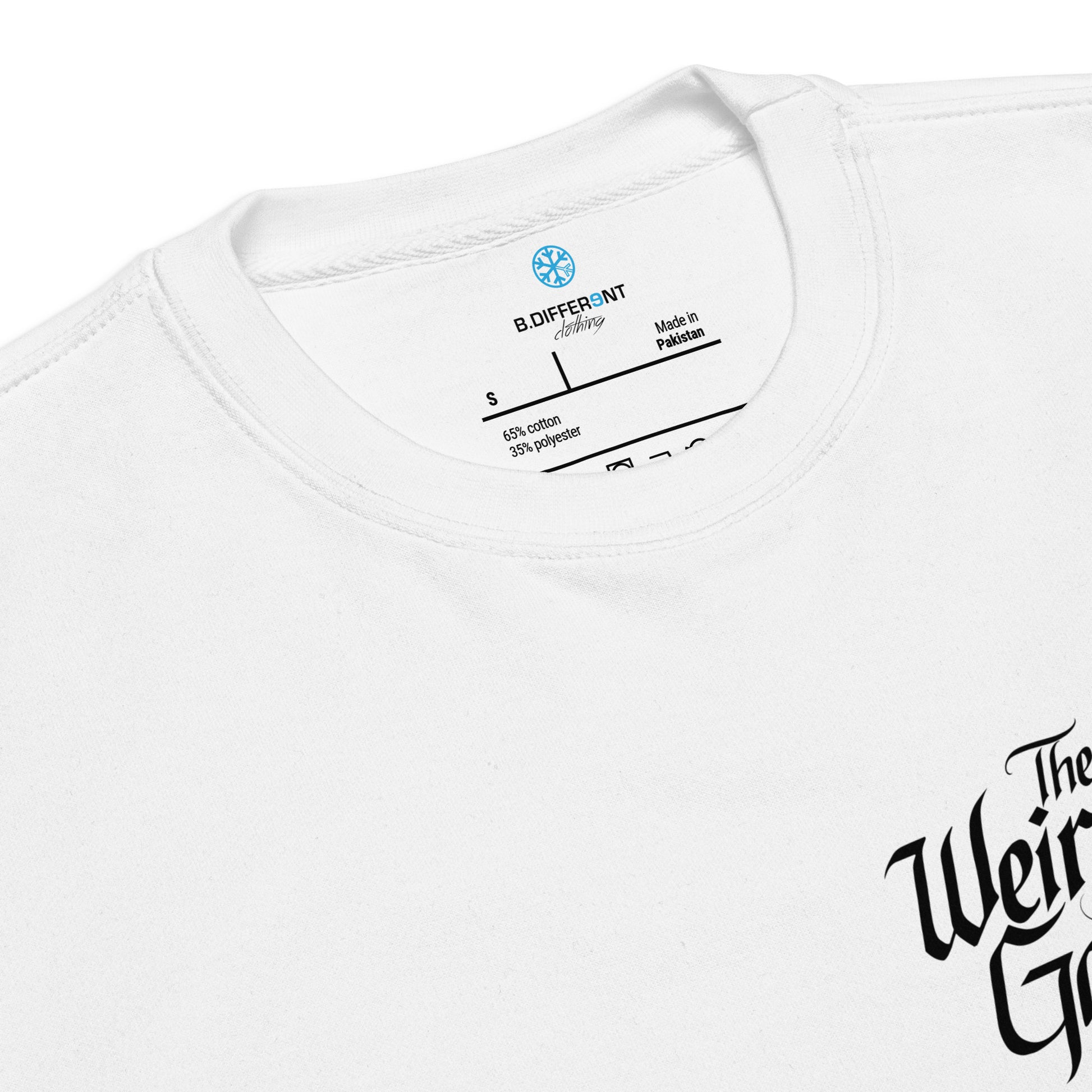 collar of Weirdos Gang lettering sweatshirt white by B.Different Clothing street art graffiti inspired brand for weirdos, outsiders, and misfits.