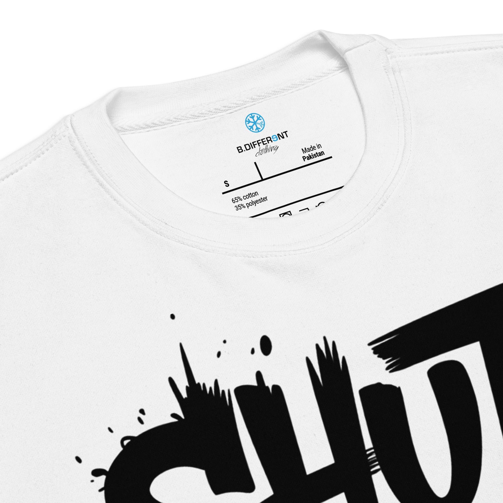 White-Shut Up and Paint Graffiti Sweatshirt from B.Different Clothing, collar, graffiti-inspired streetwear