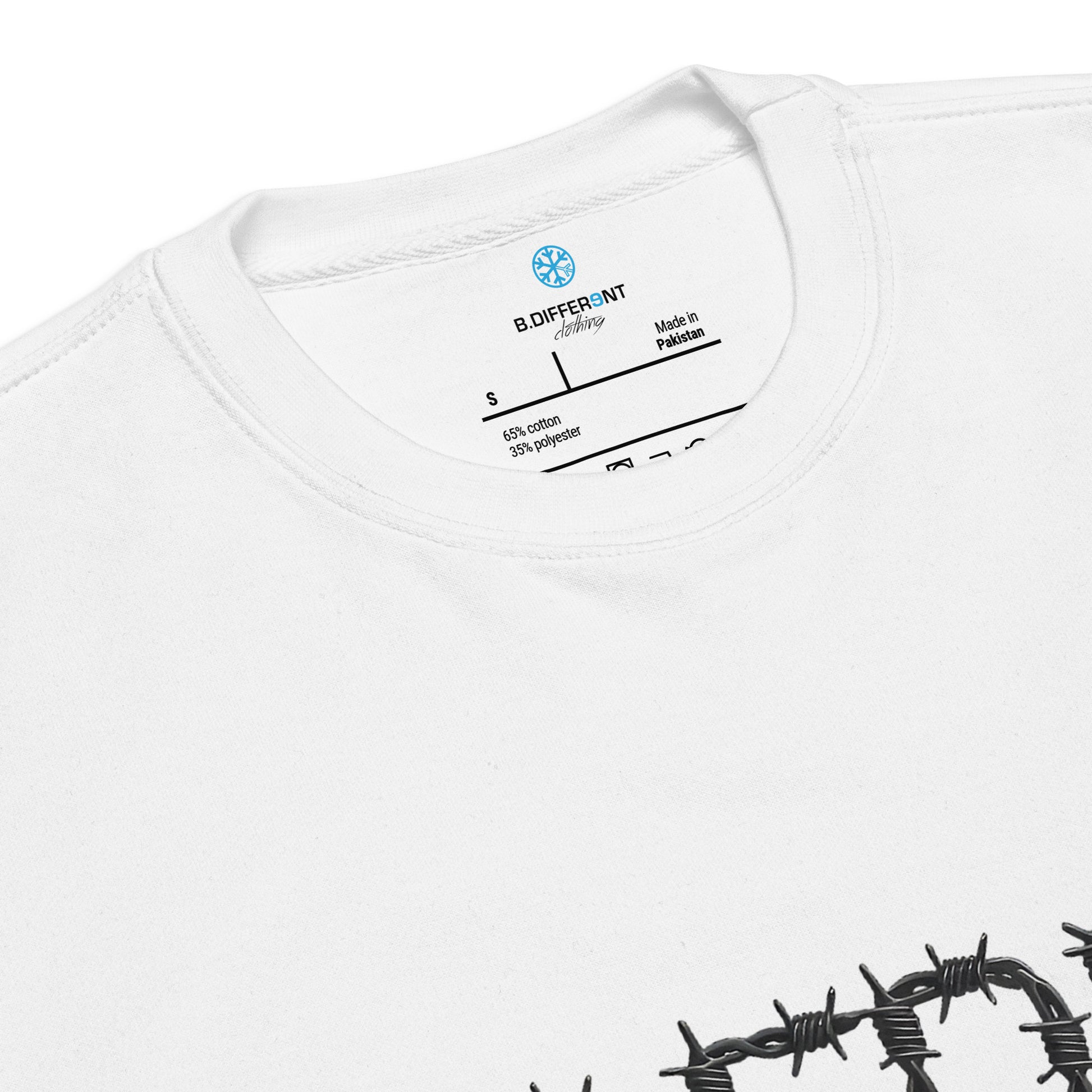 White-B.DFRNT Barbed Wire Sweatshirt from B.Different Clothing, collar, graffiti-inspired streetwear